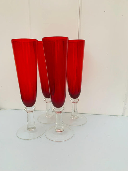 Set of 4 Tall Ruby Red Champagne Glasses
