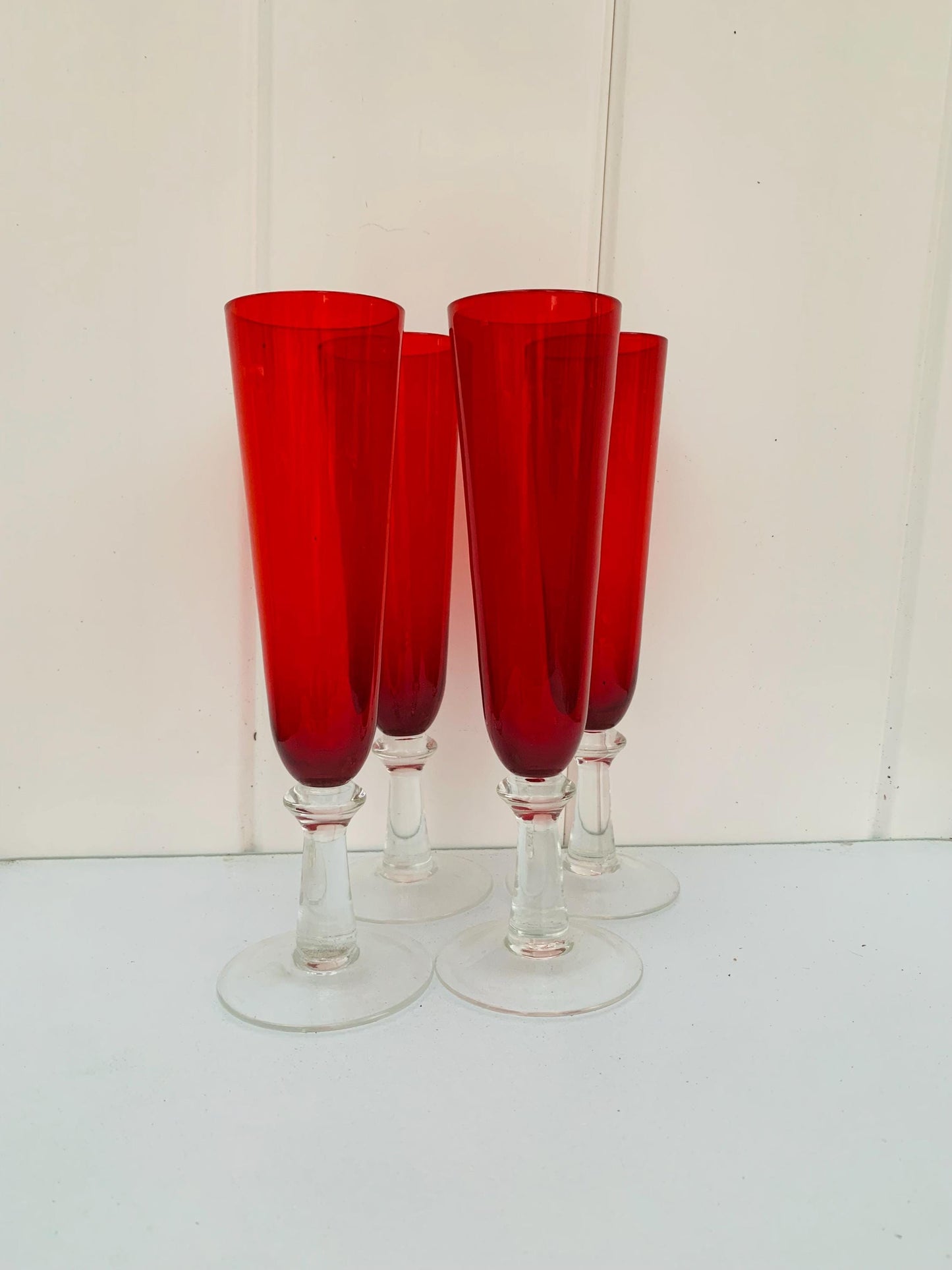 Set of 4 Tall Ruby Red Champagne Glasses
