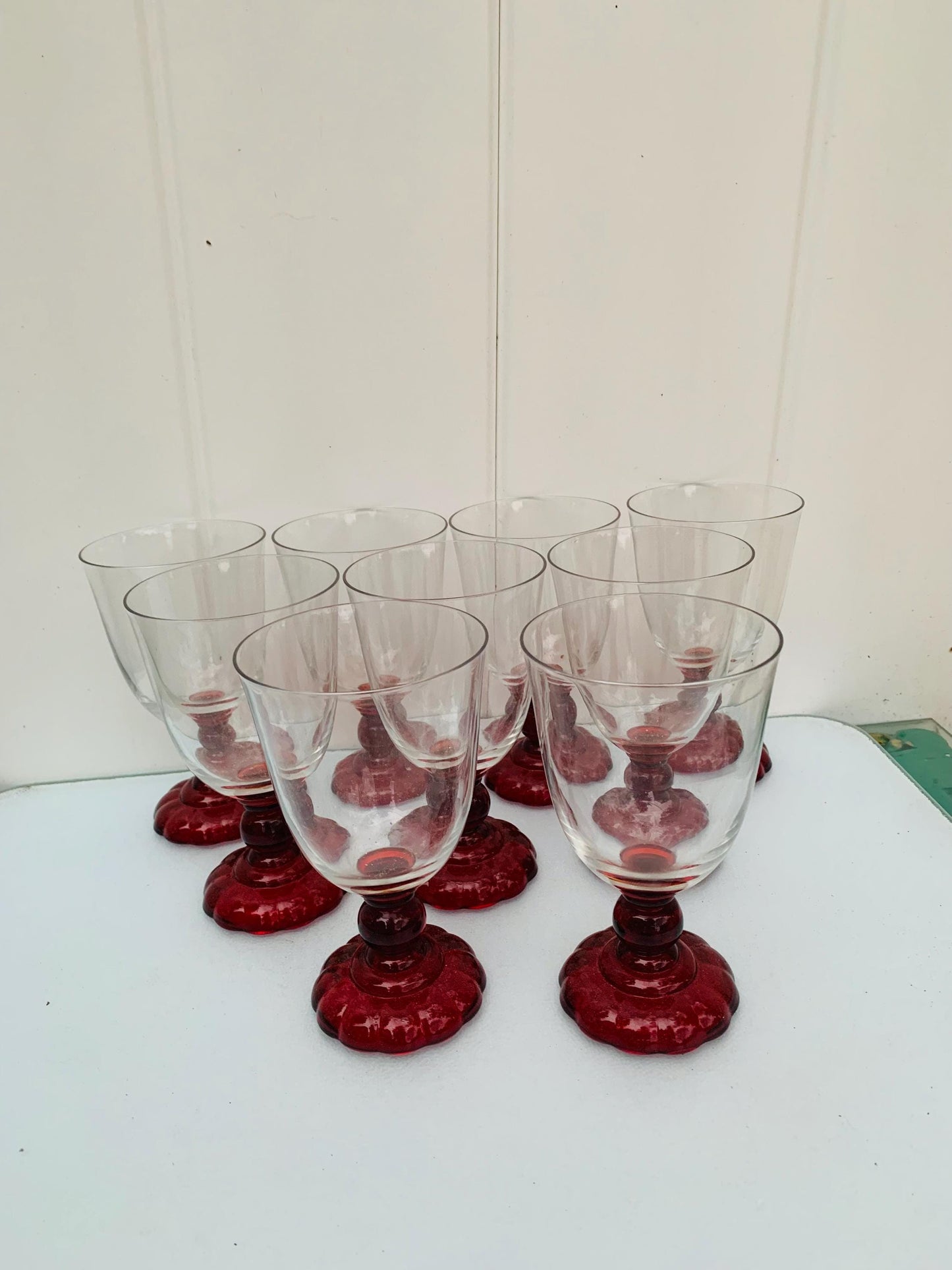 Set of 9 Antique Ruby Red Stem Wine Glasses