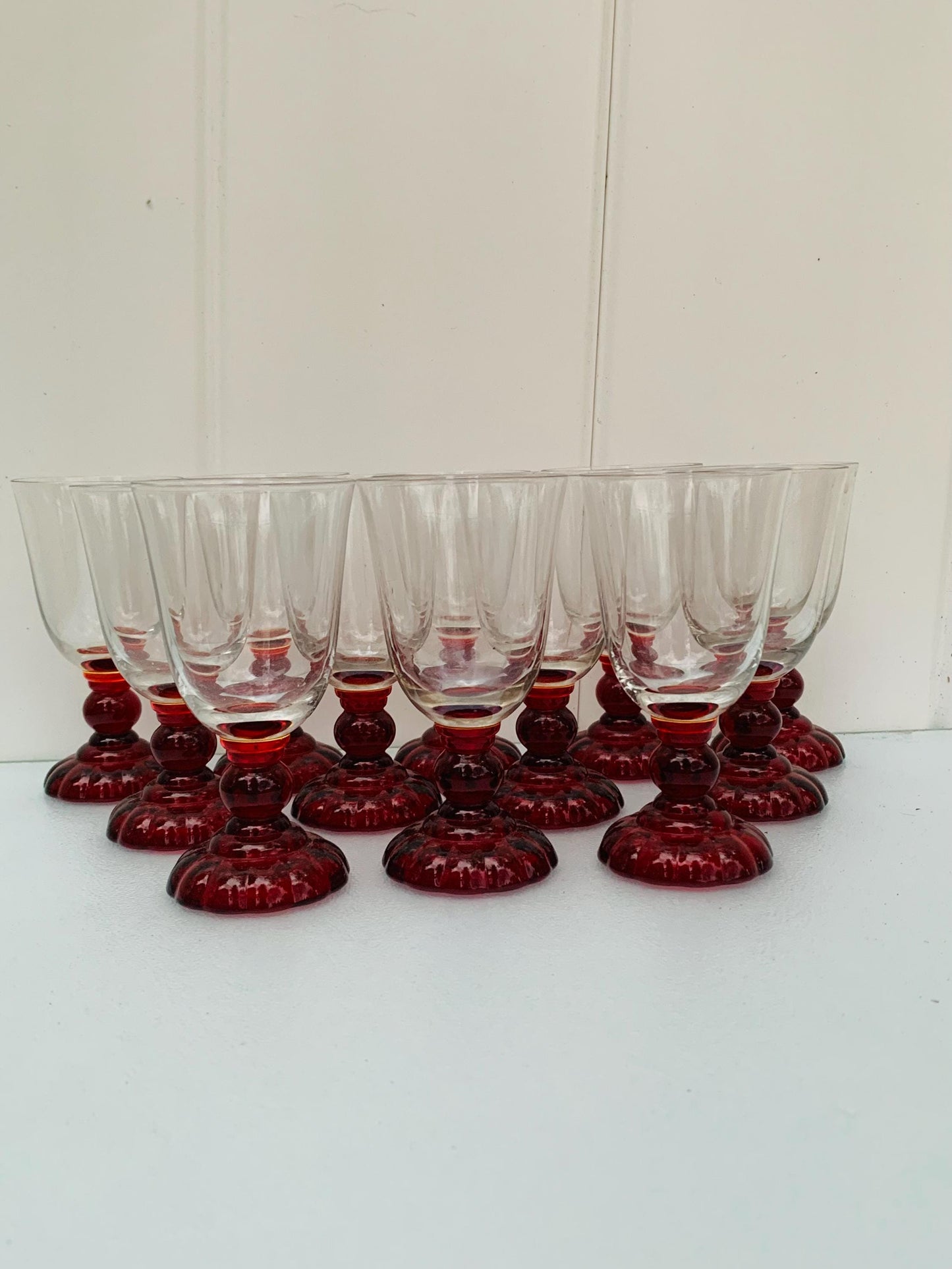 Set of 12 Antique Ruby Red Stem Cordial Glasses