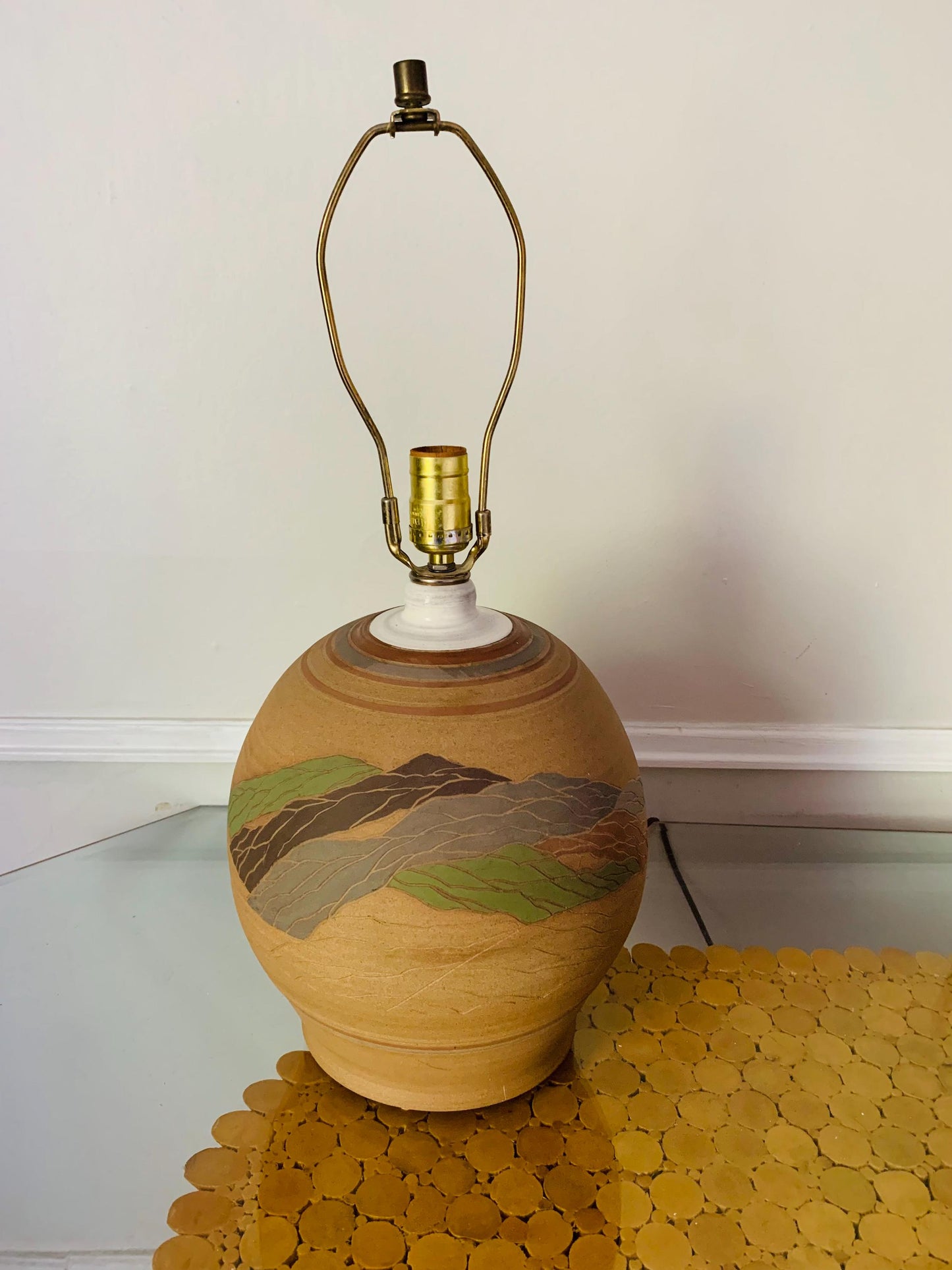 Retro Natural Terra Cotta Lamp with Painted Design No Shade