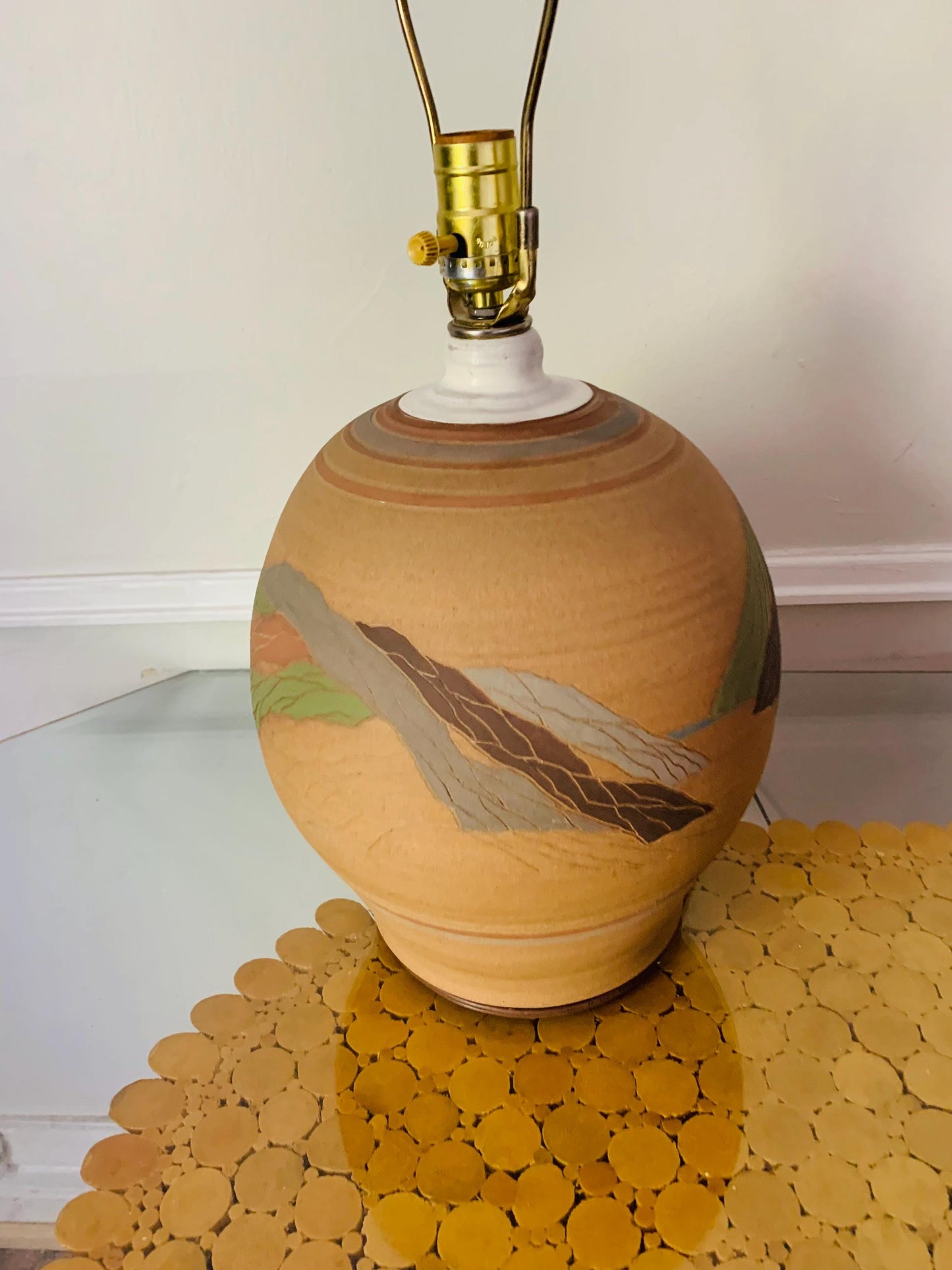 Retro Natural Terra Cotta Lamp with Painted Design No Shade