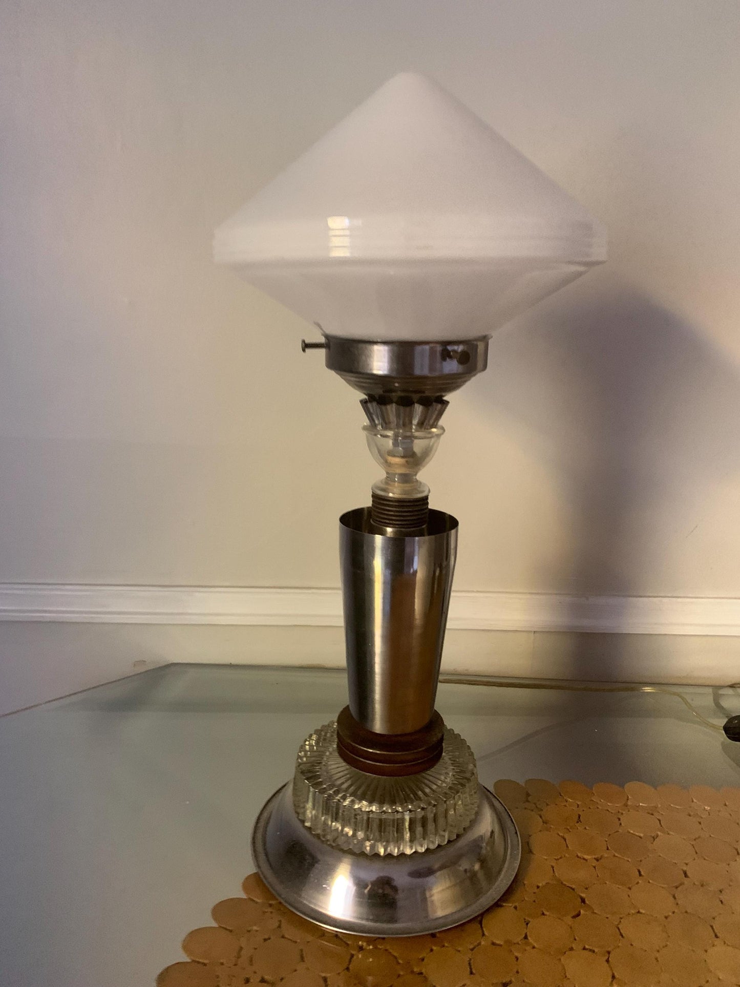 Tall Chrome Metal and Glass Table Lamp with Glass Shade