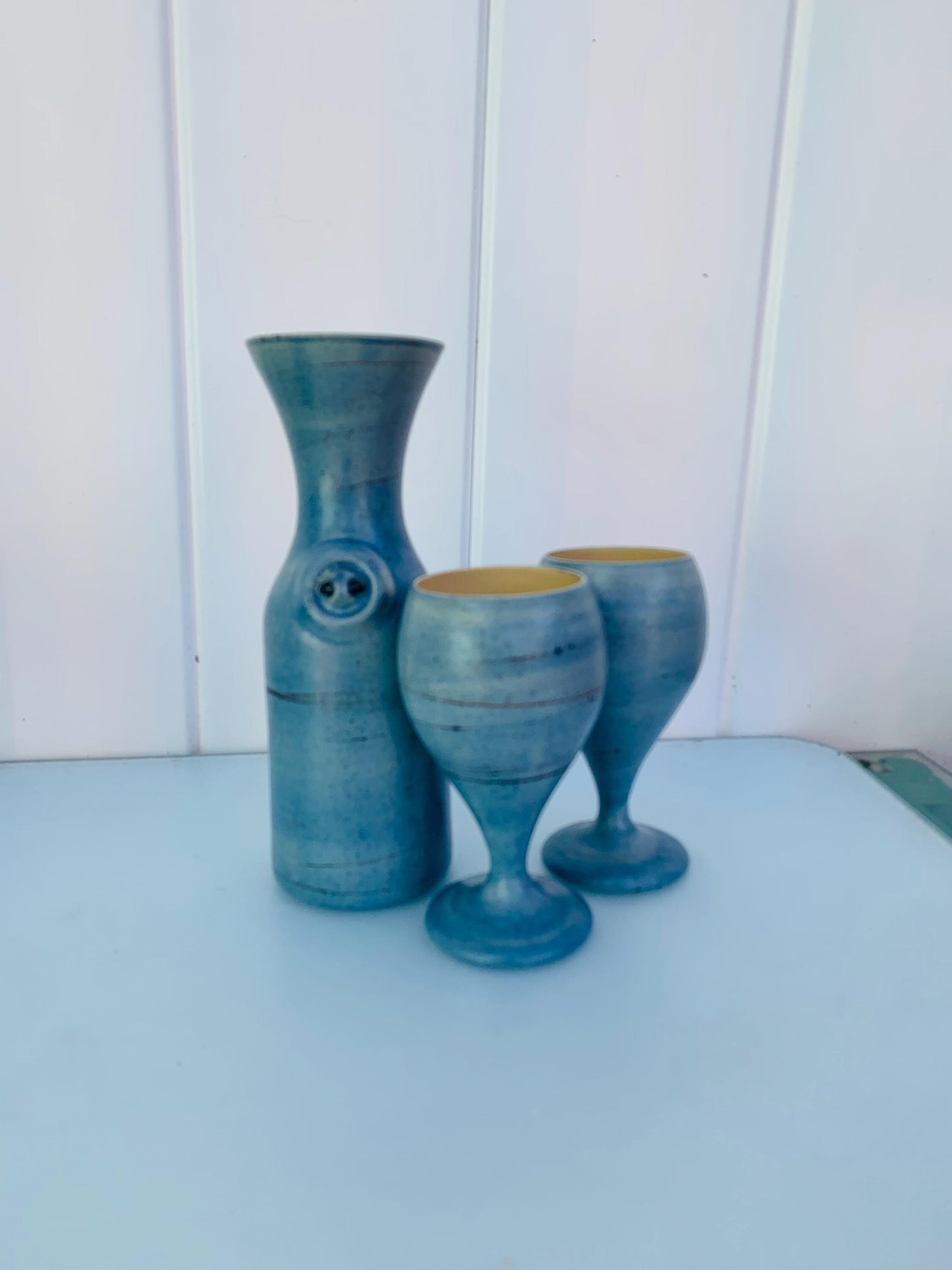 Vintage Set of 2 The Pottery Blue Goblets with Matching Decanter Made in Hawaii