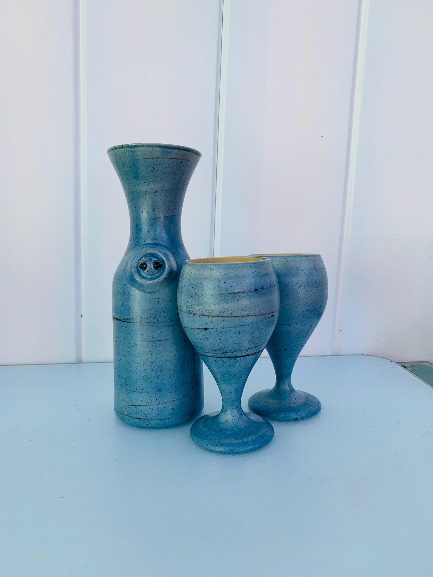 Vintage Set of 2 The Pottery Blue Goblets with Matching Decanter Made in Hawaii