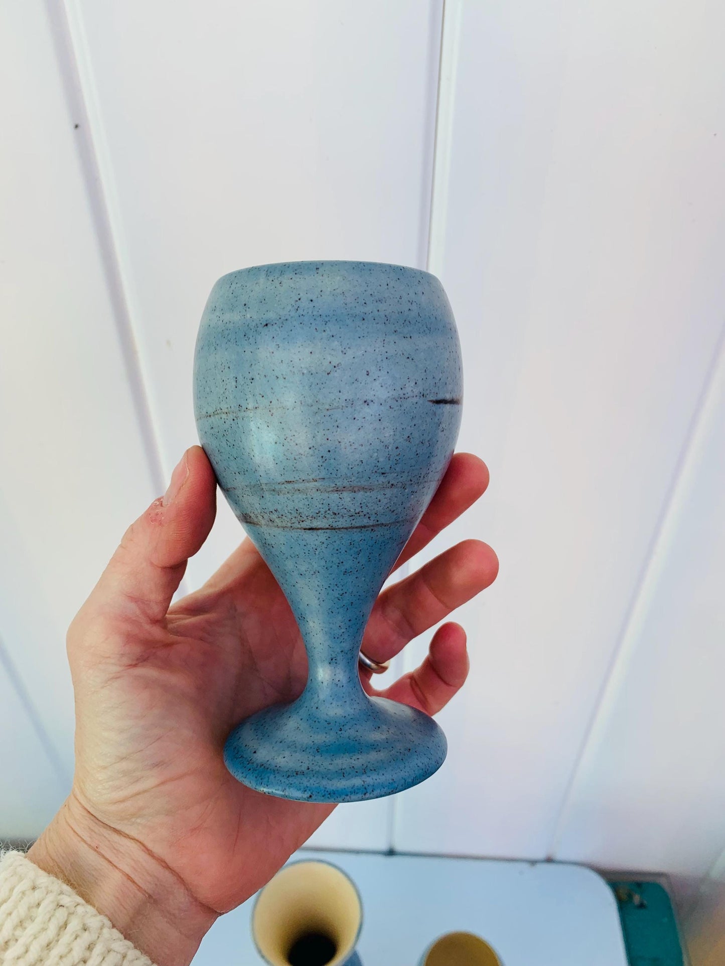 Vintage Set of 2 The Pottery Blue Goblets with Matching Decanter Made in Hawaii