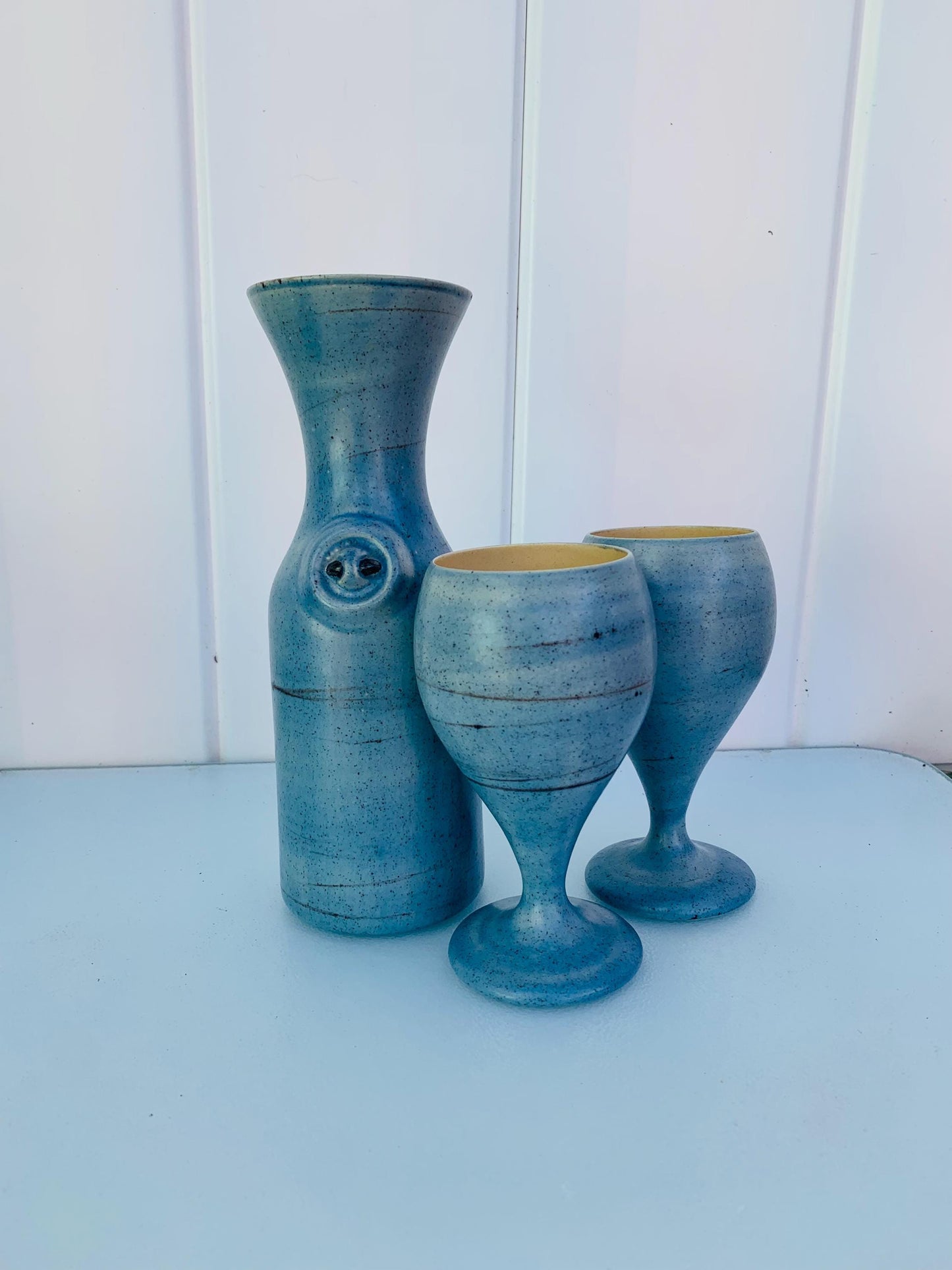 Vintage Set of 2 The Pottery Blue Goblets with Matching Decanter Made in Hawaii