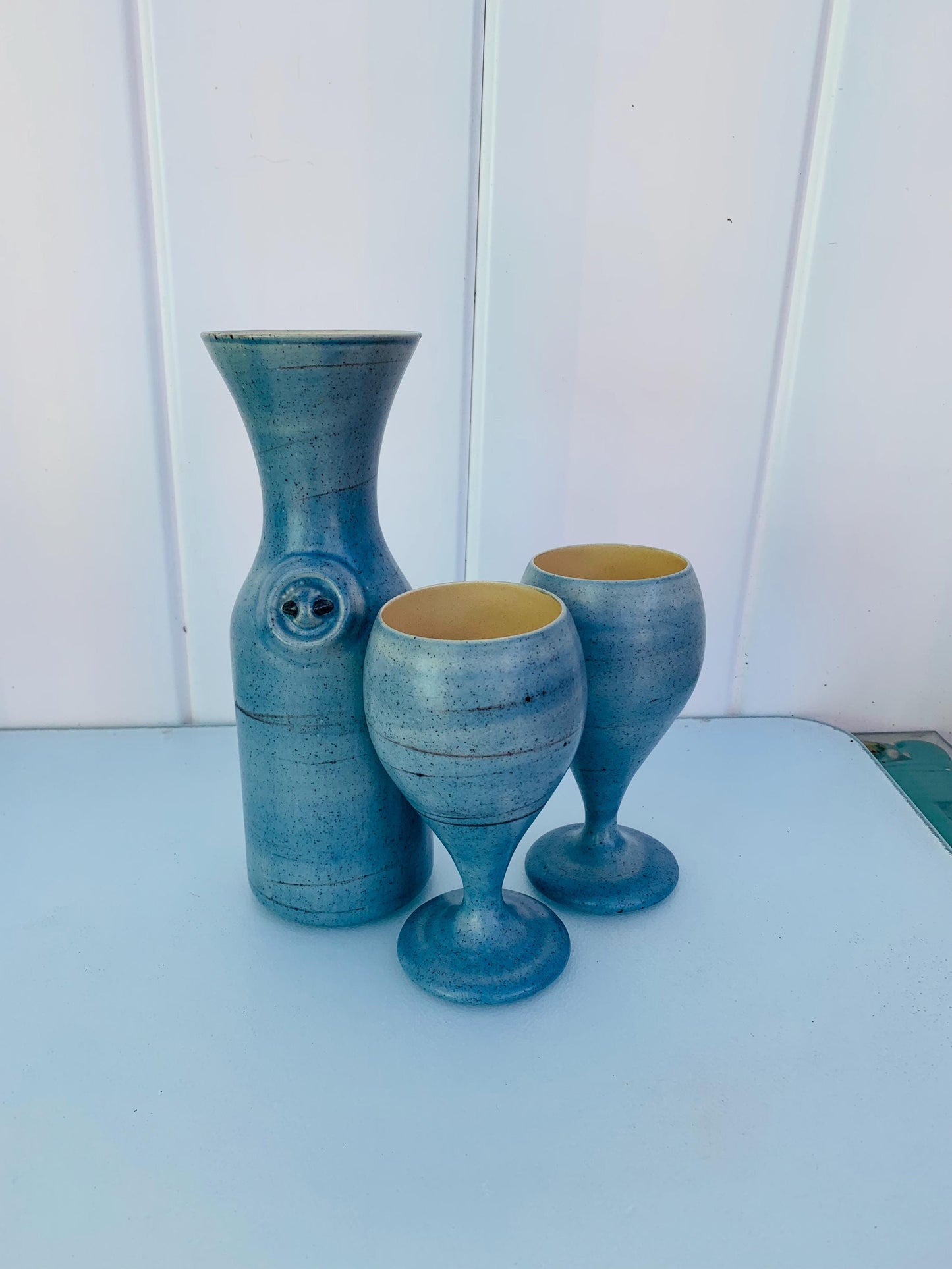 Vintage Set of 2 The Pottery Blue Goblets with Matching Decanter Made in Hawaii