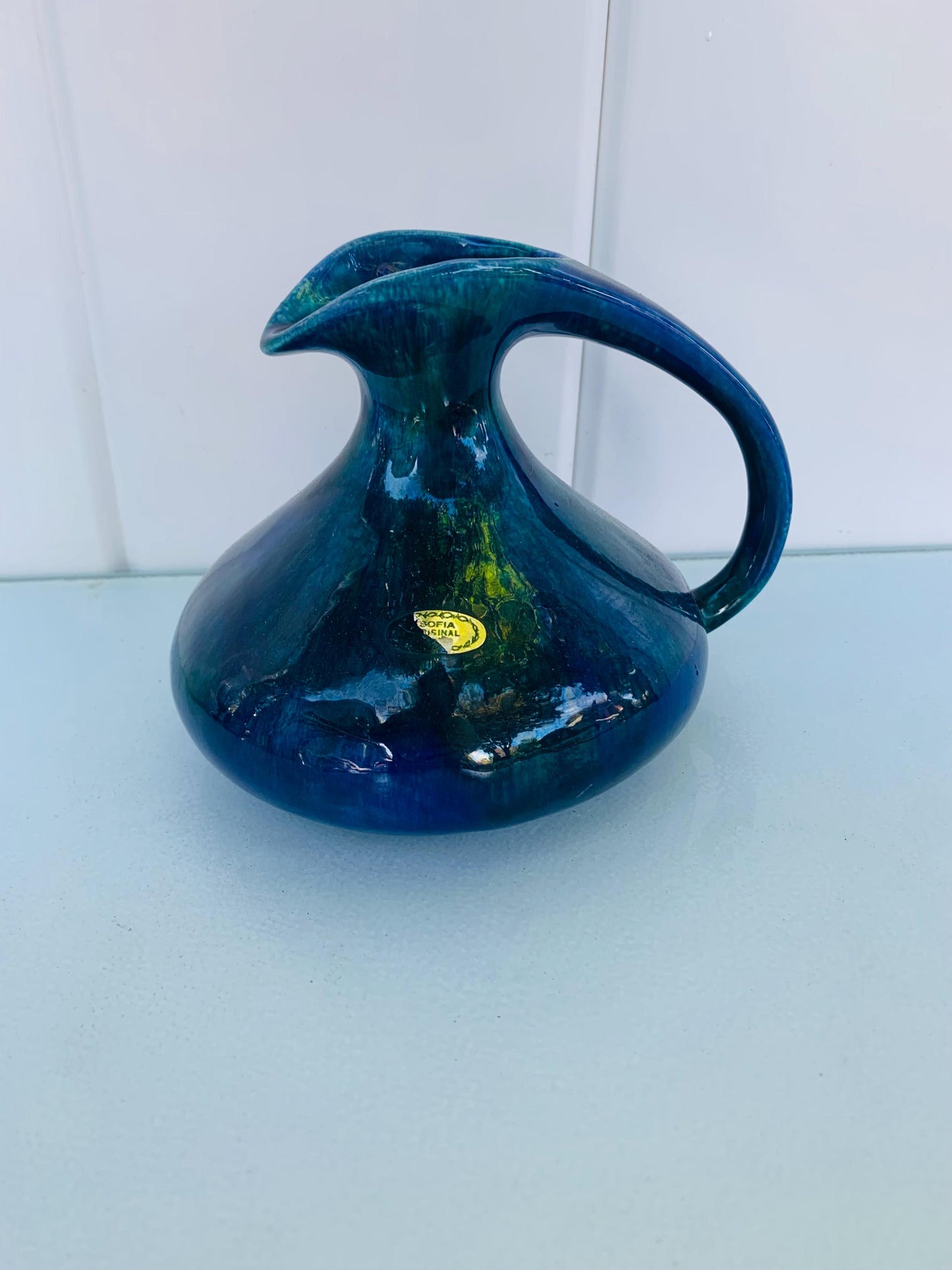Handmade Vintage Small Blue Pottery Jug with Handle
