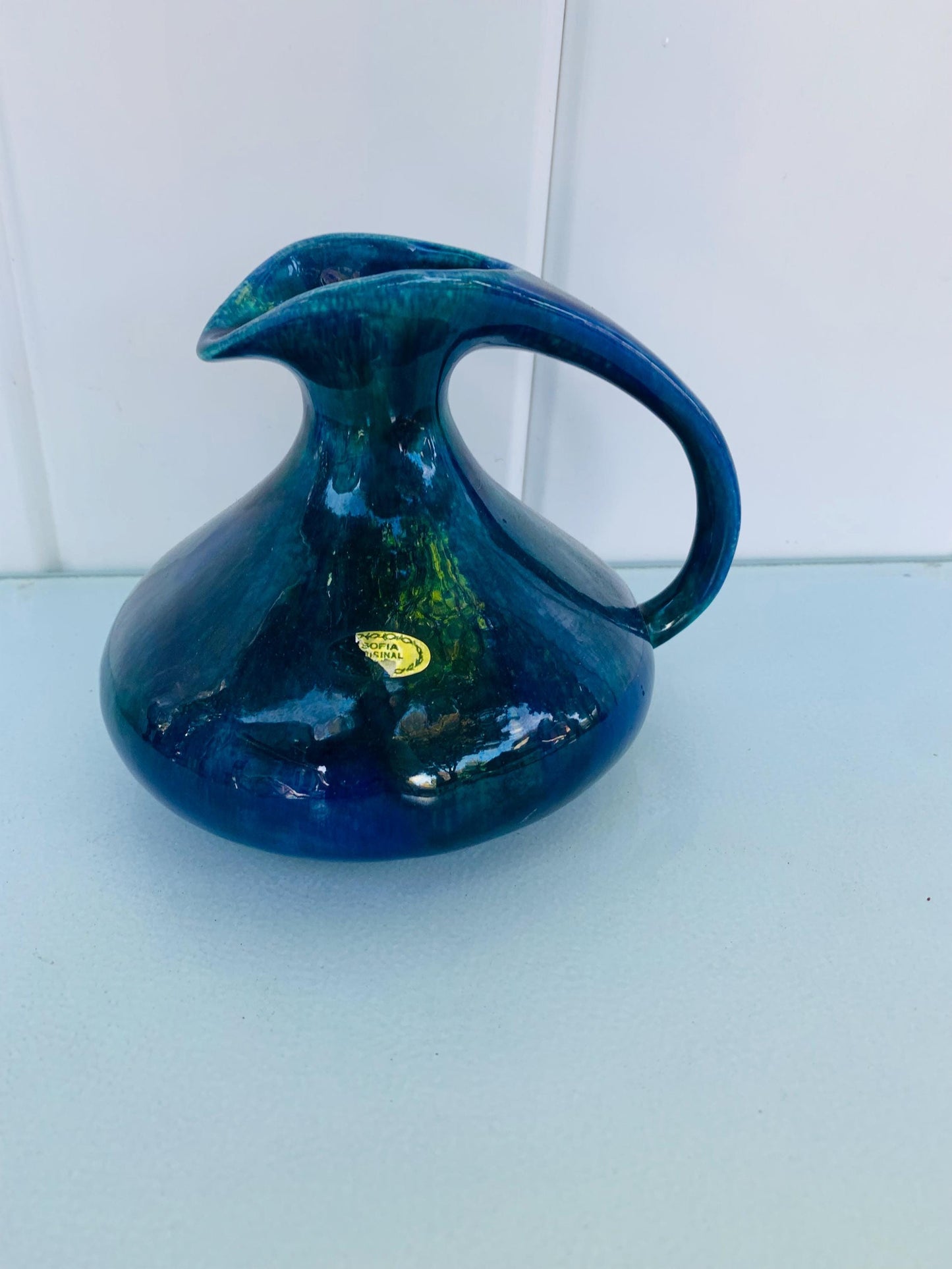 Handmade Vintage Small Blue Pottery Jug with Handle