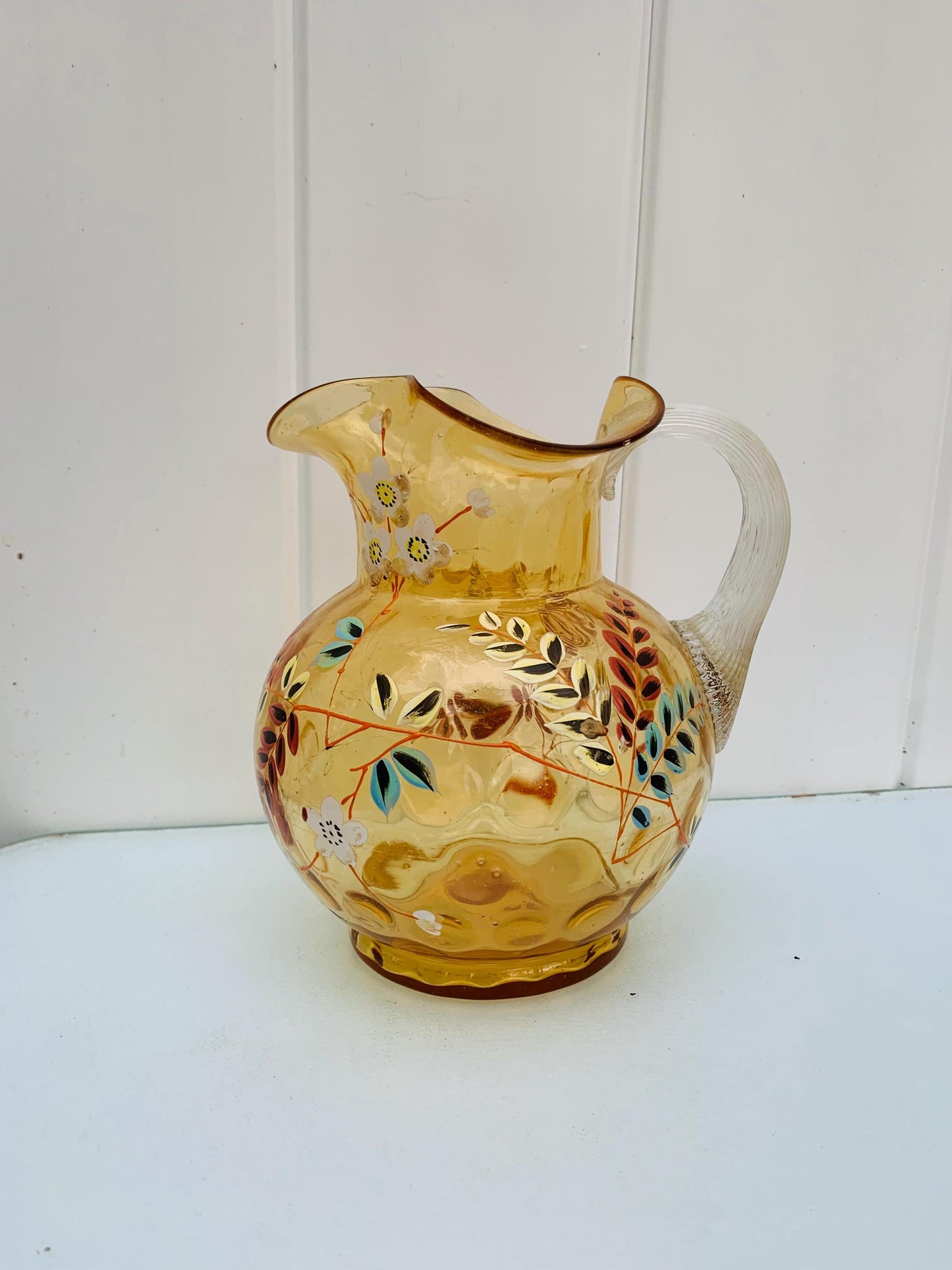 Vintage Amber Hand Painted Pitcher with Crimped Top and Applied Handle