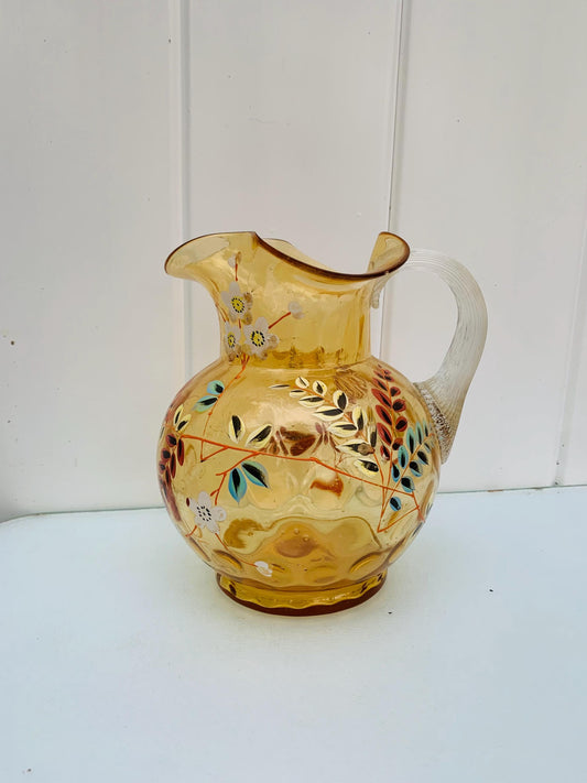 Vintage Amber Hand Painted Pitcher with Crimped Top and Applied Handle