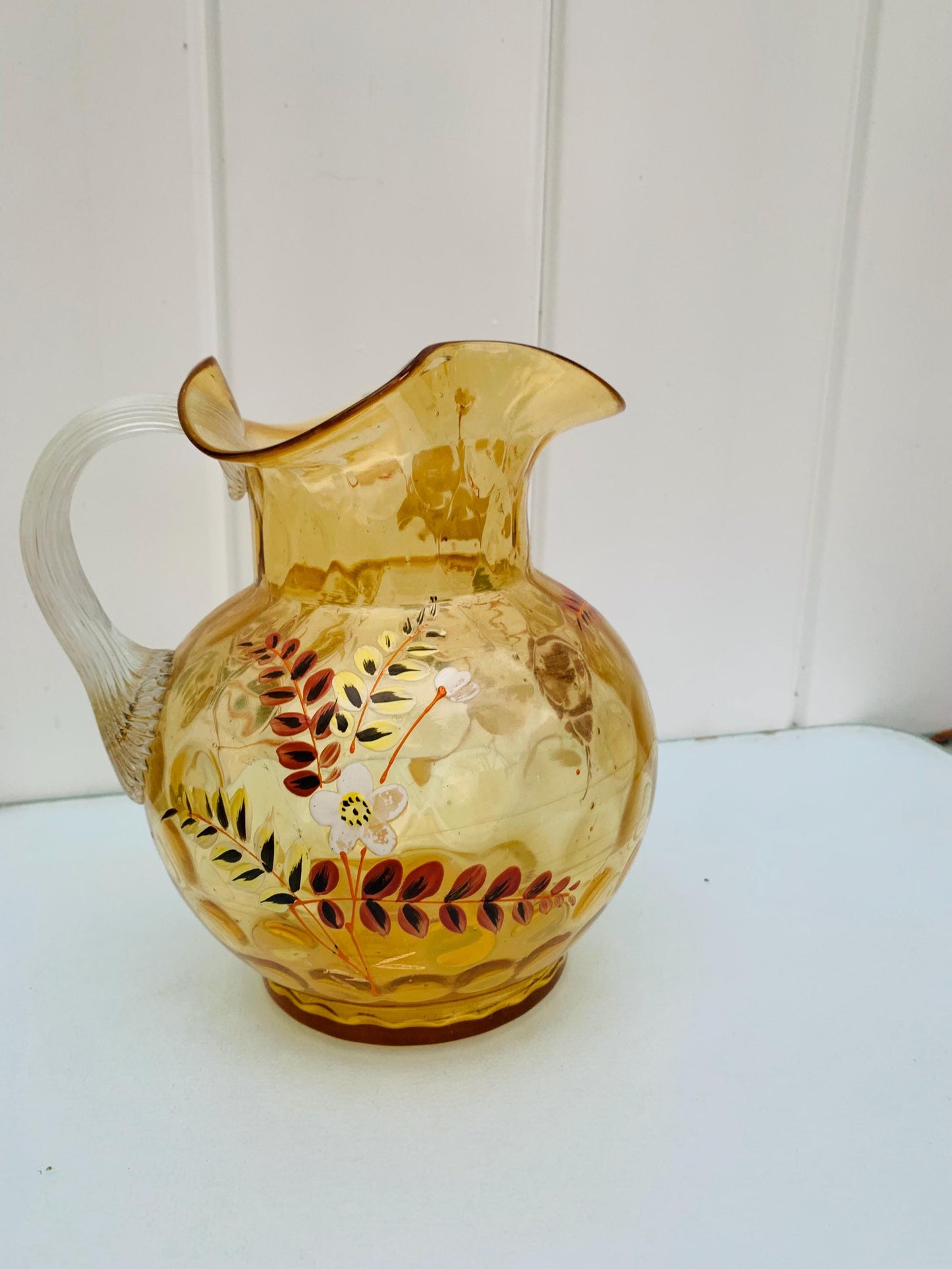 Vintage Amber Hand Painted Pitcher with Crimped Top and Applied Handle
