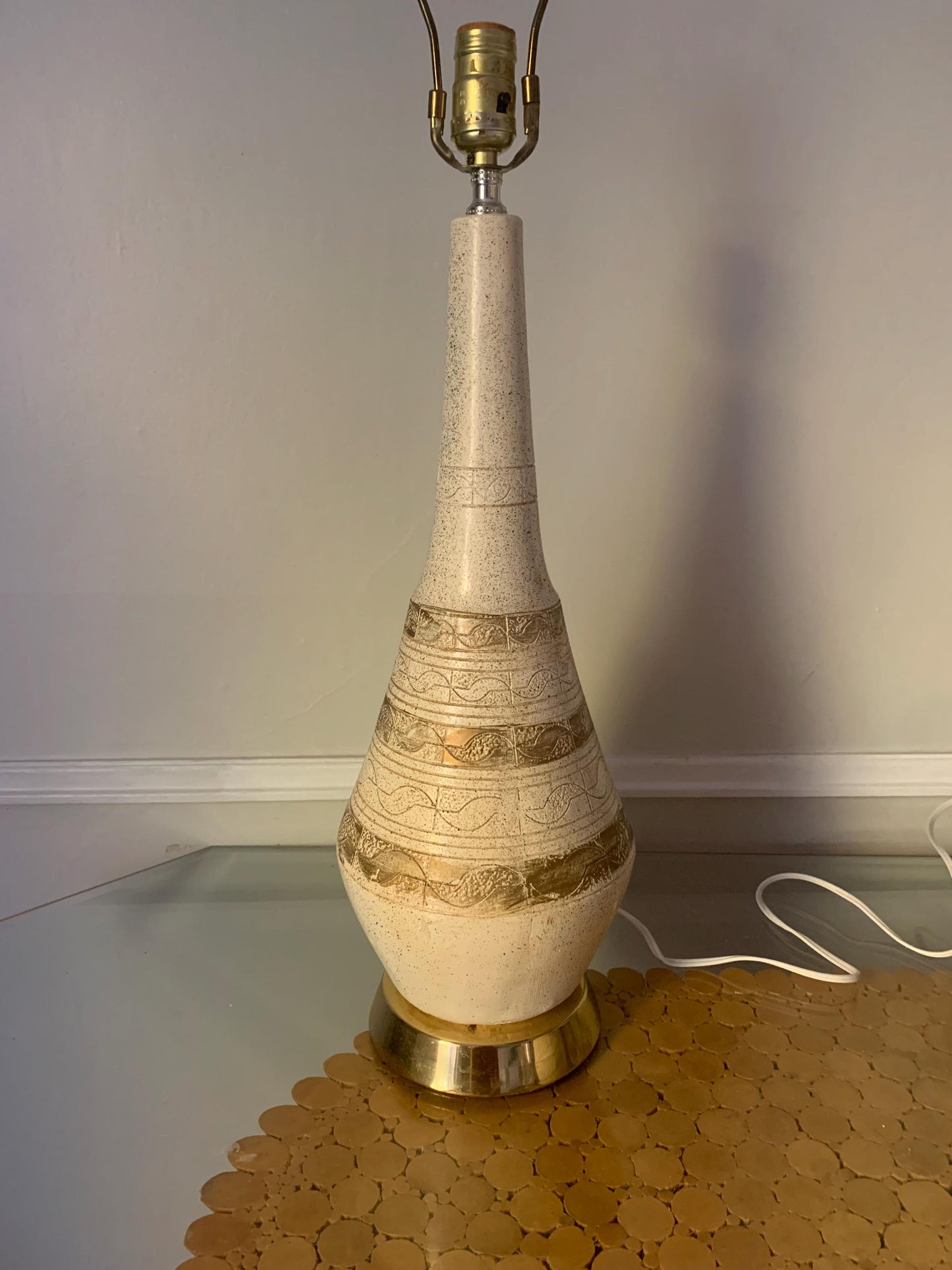 Tall MCM Cream and Gold Chalkware Table Lamp No Shade