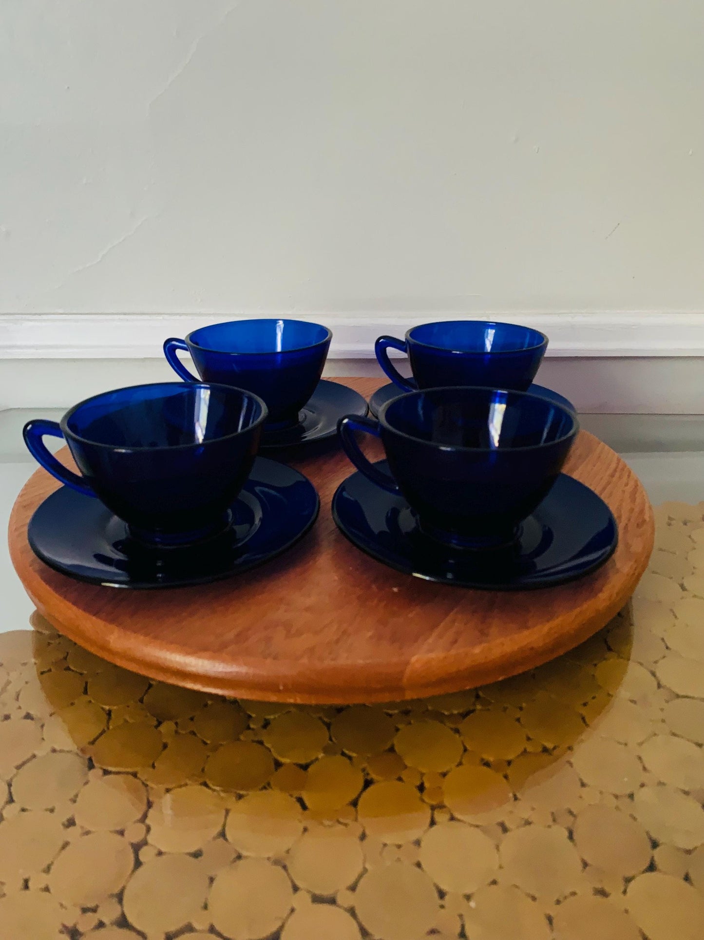 Set of 4 Vintage Cobalt Blue GlassTeacup & Saucer