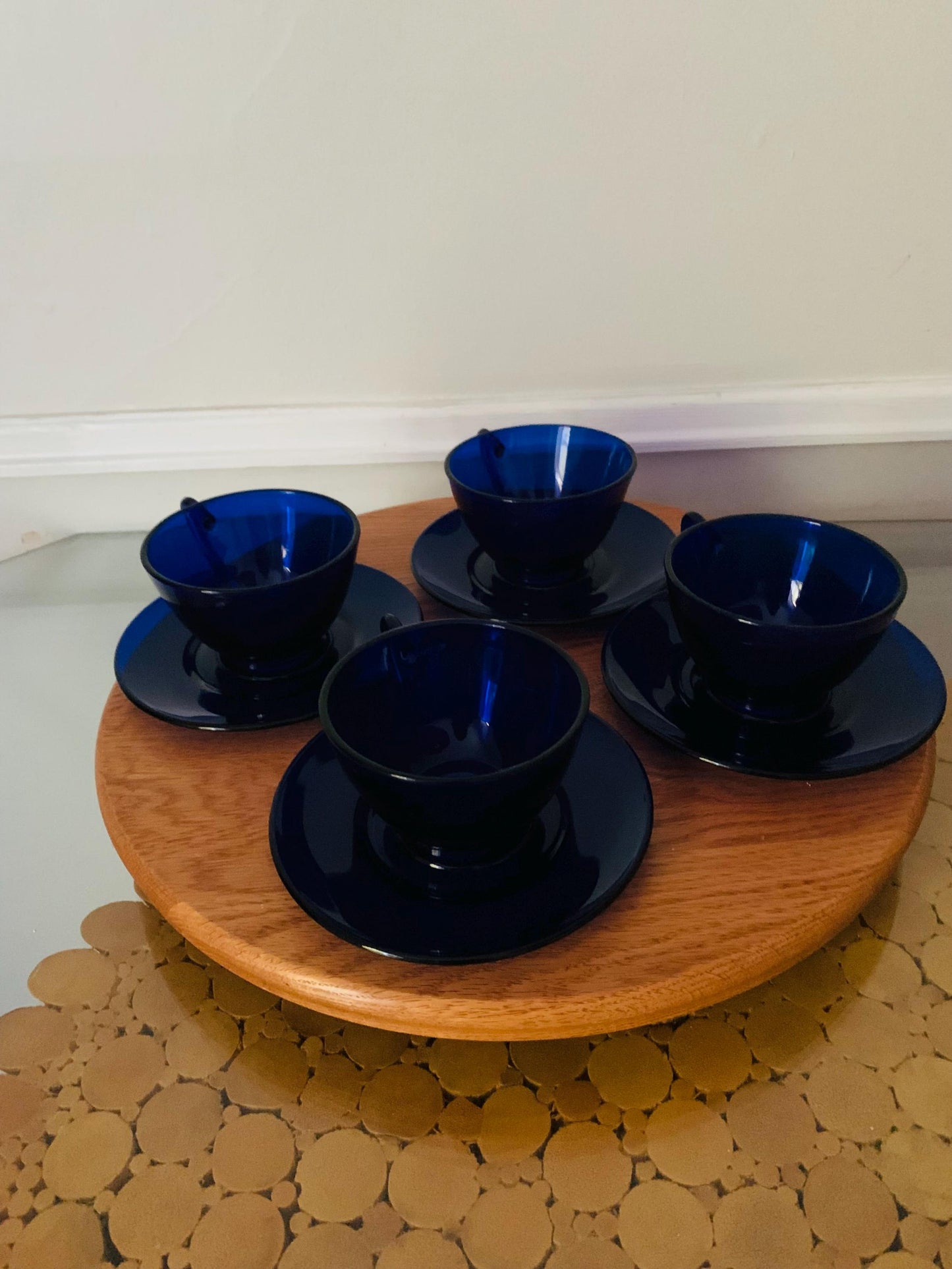 Set of 4 Vintage Cobalt Blue GlassTeacup & Saucer
