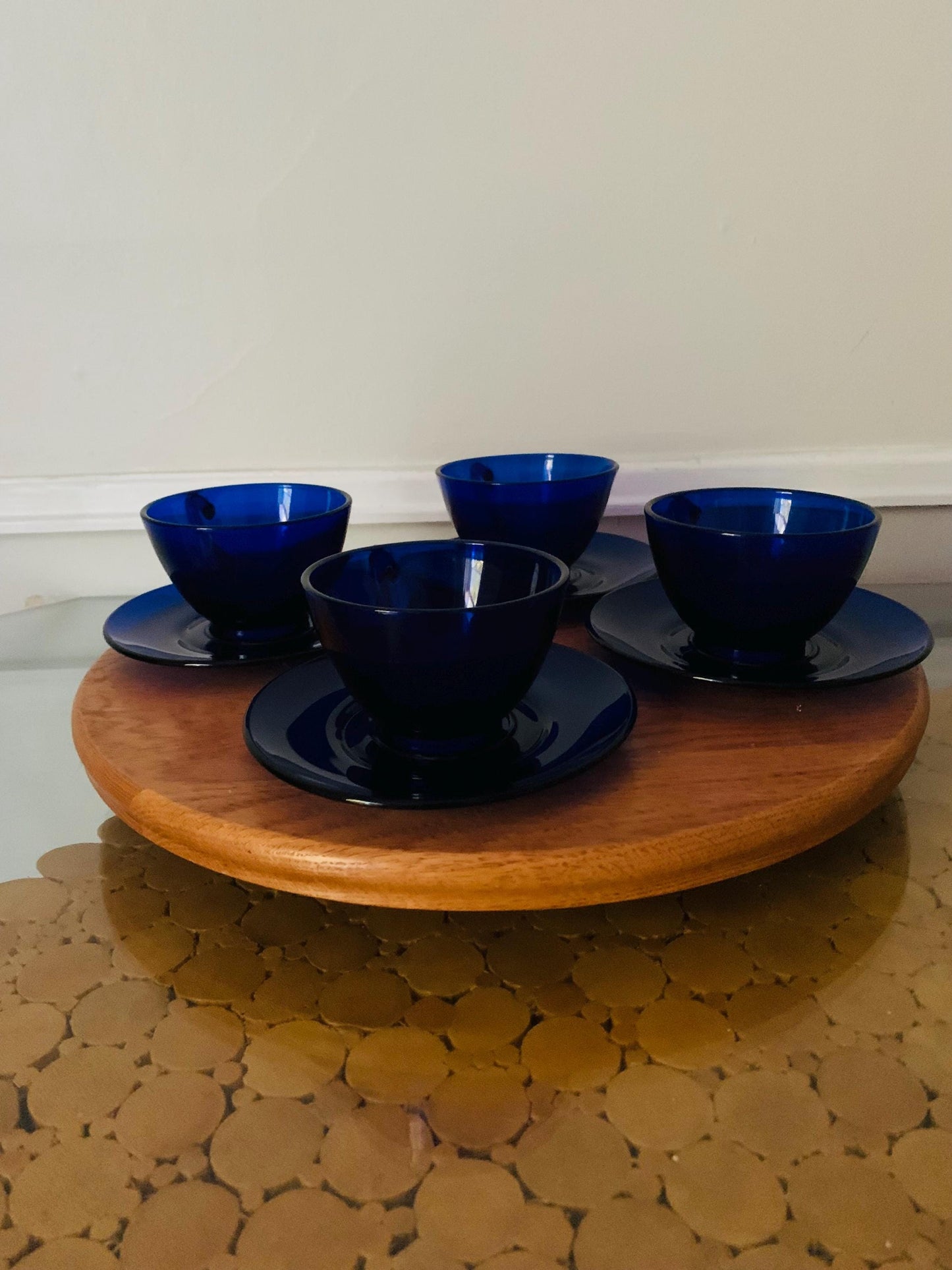 Set of 4 Vintage Cobalt Blue GlassTeacup & Saucer