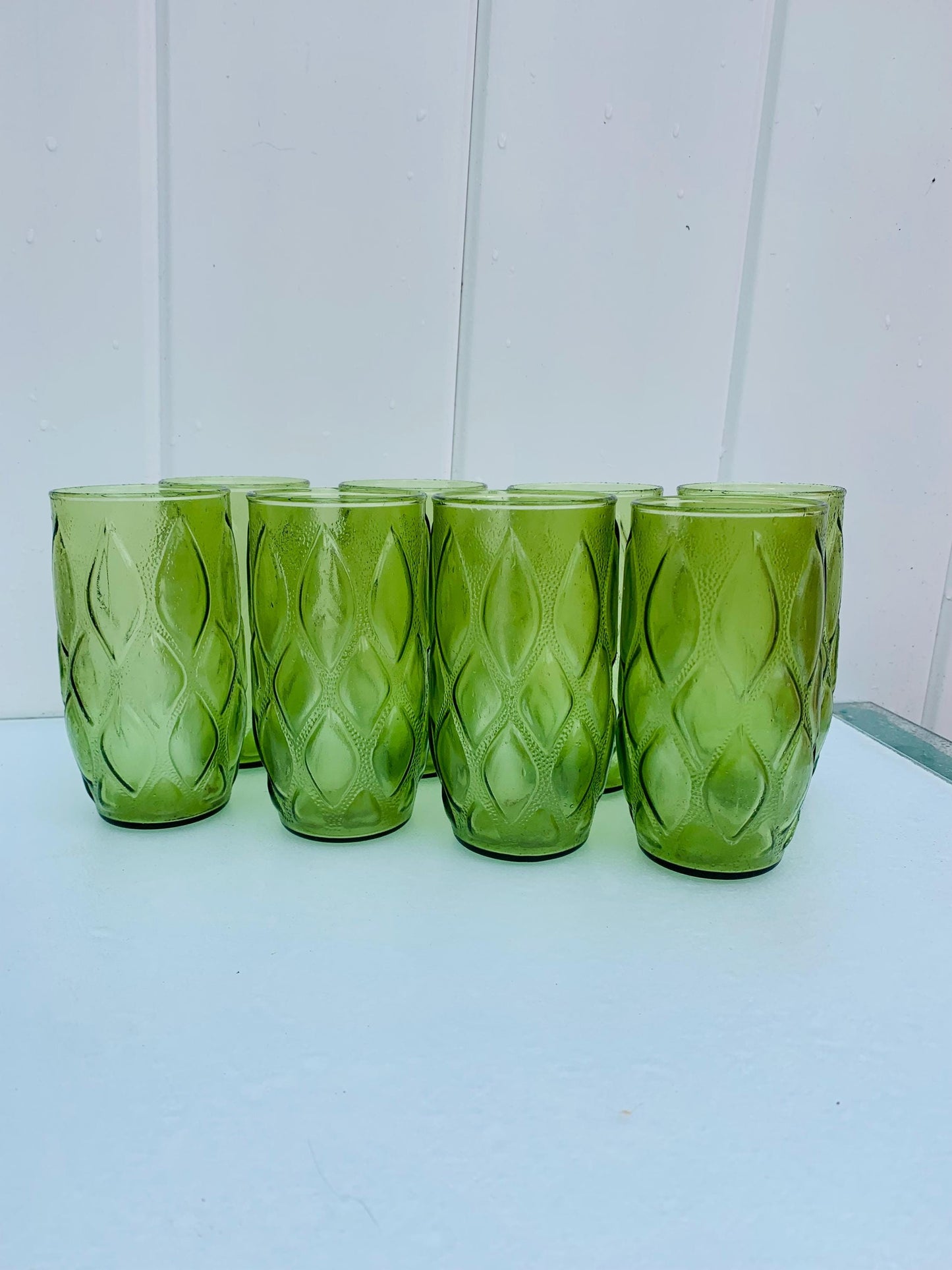 Set of 8 MCM Anchor Hocking "Madrid " Olive Green Textured Glass Tumblers