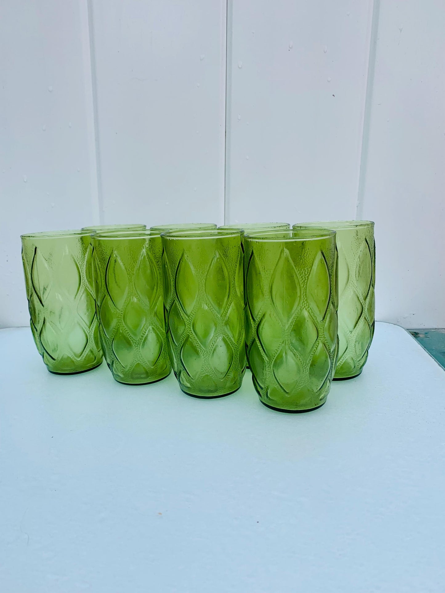 Set of 8 MCM Anchor Hocking "Madrid " Olive Green Textured Glass Tumblers