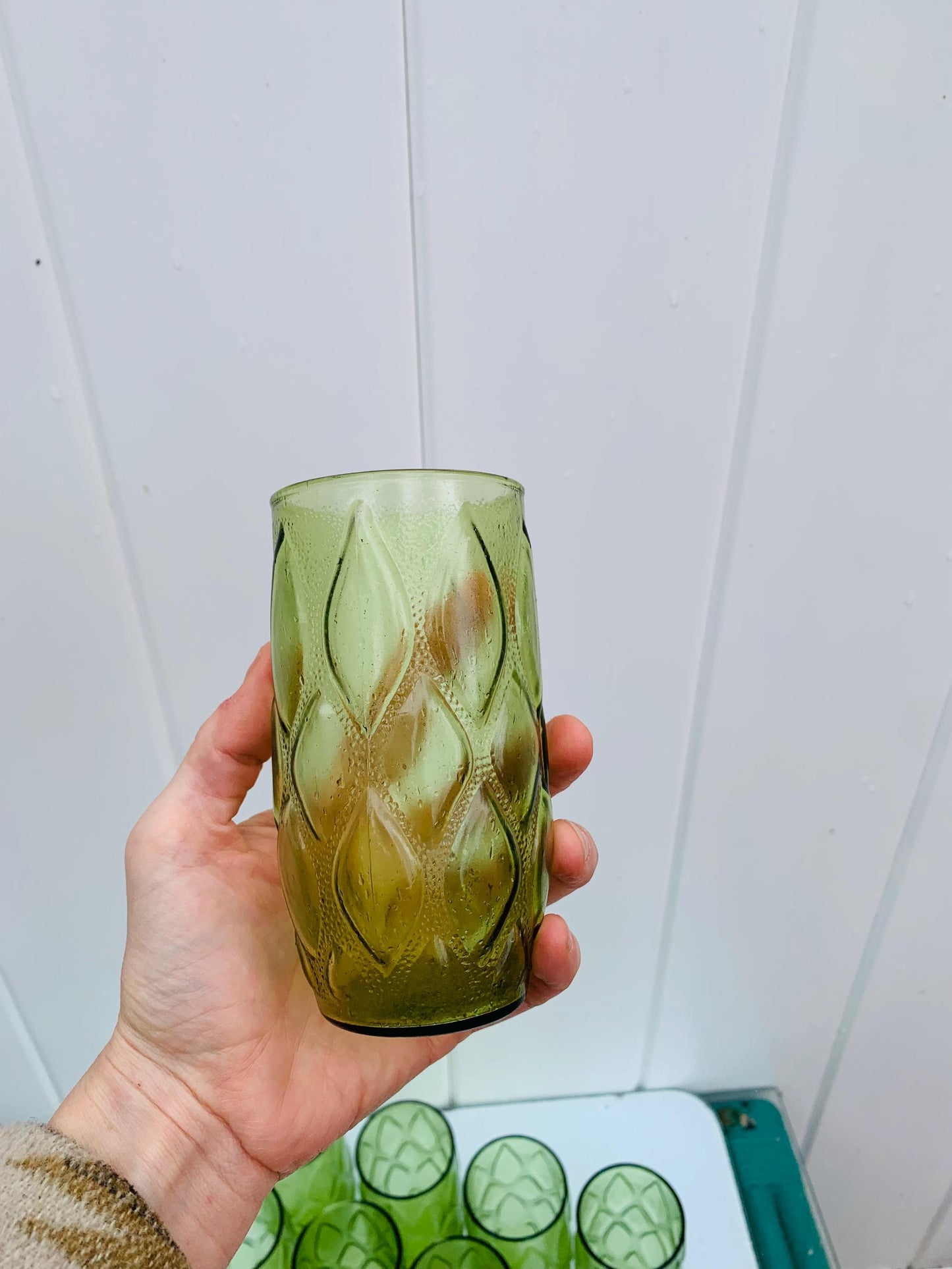 Set of 8 MCM Anchor Hocking "Madrid " Olive Green Textured Glass Tumblers