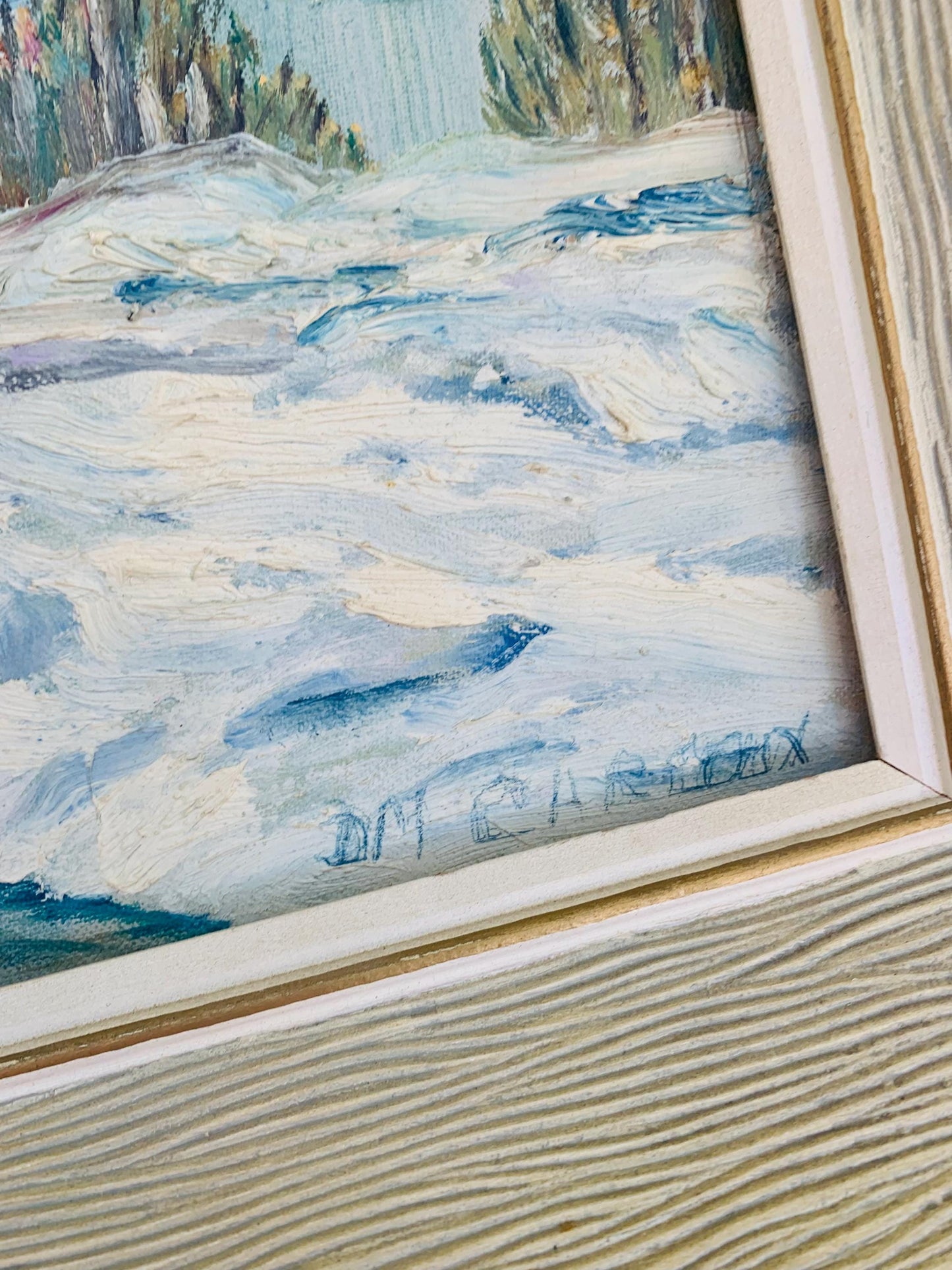 Large Vintage Winter Scape Painting in White Wood Frame