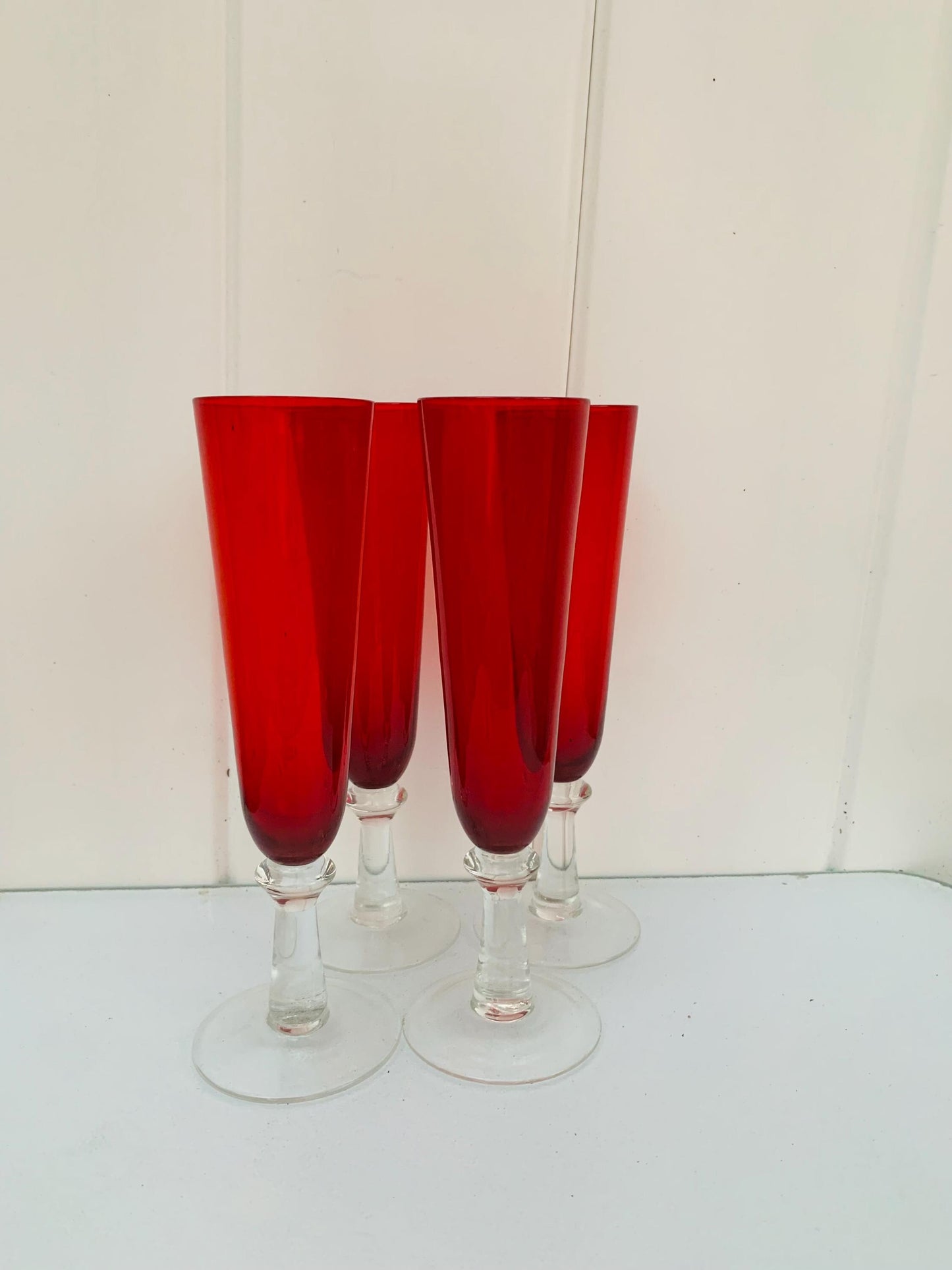 Set of 4 Tall Ruby Red Champagne Glasses