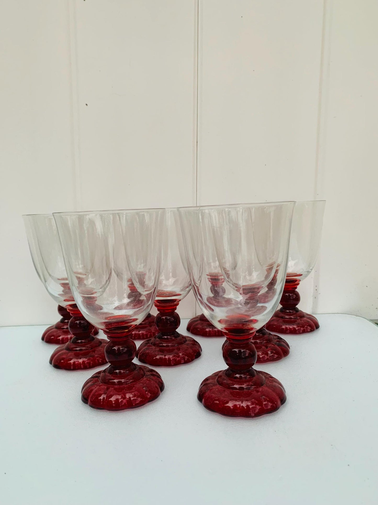 Set of 9 Antique Ruby Red Stem Wine Glasses