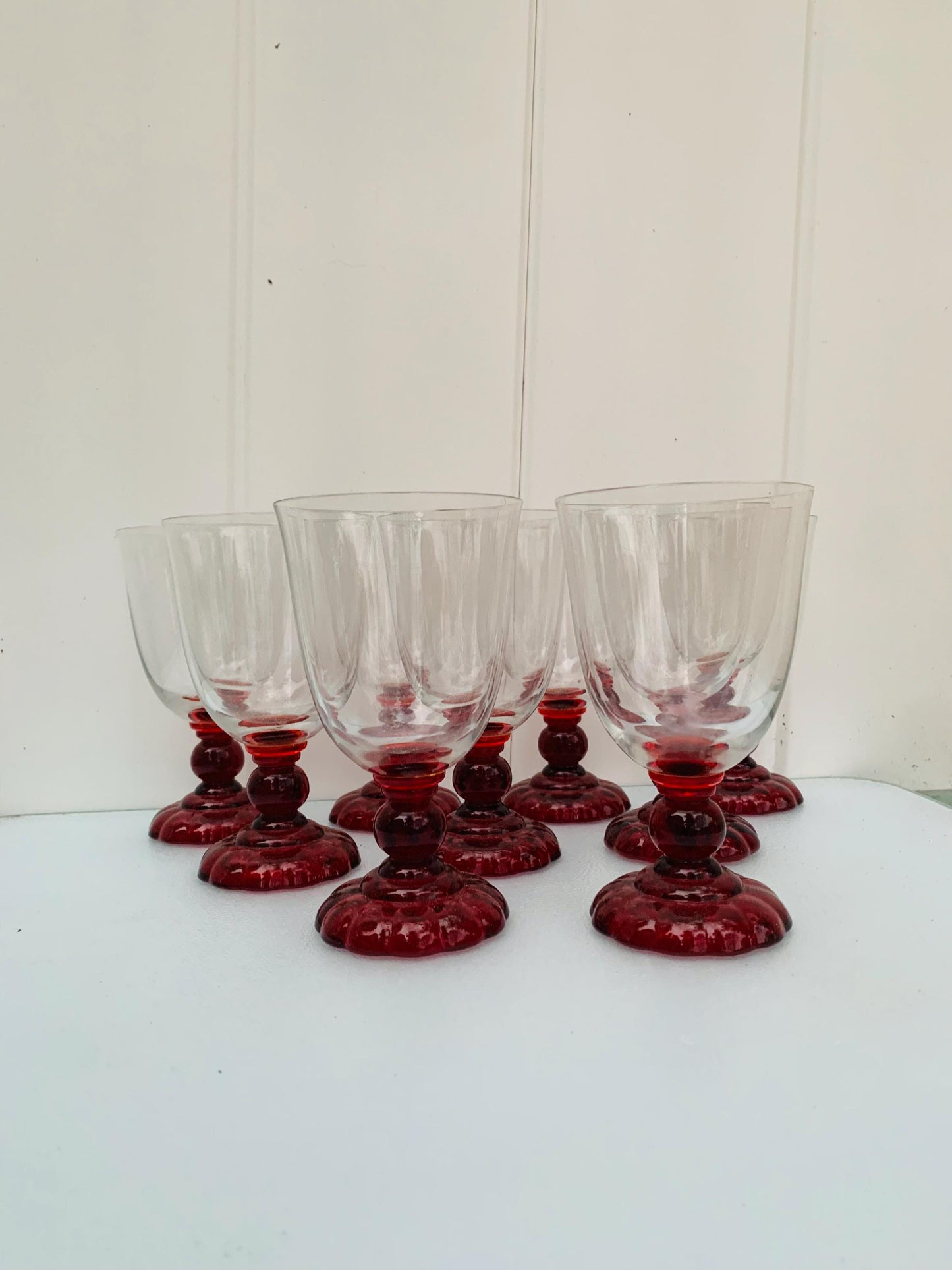 Set of 9 Antique Ruby Red Stem Wine Glasses