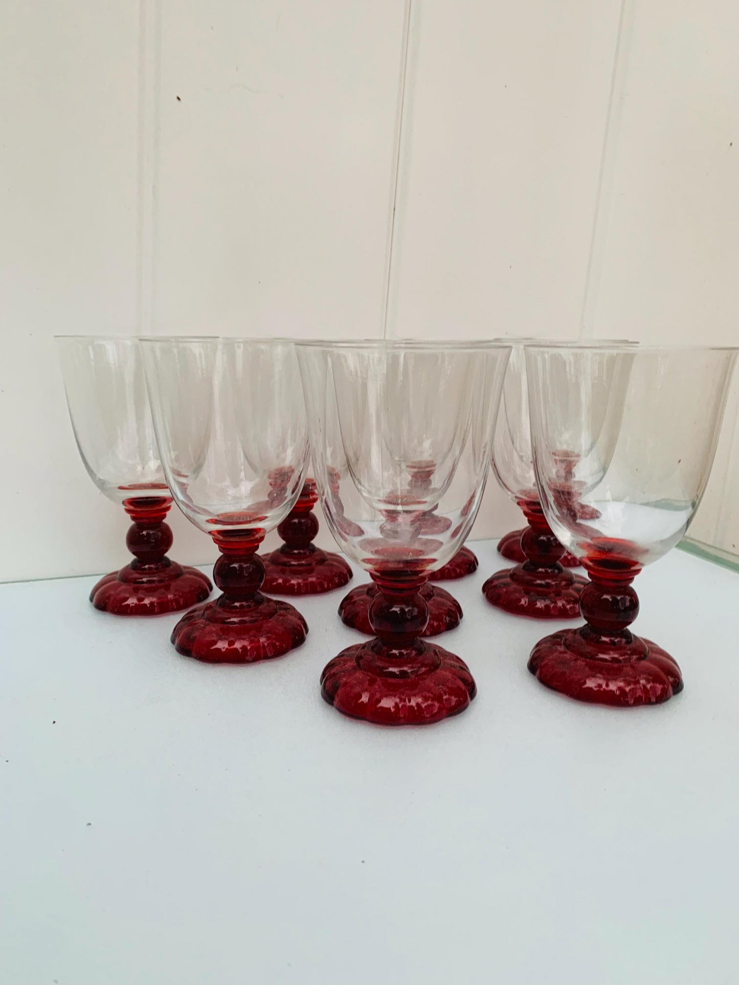 Set of 9 Antique Ruby Red Stem Wine Glasses