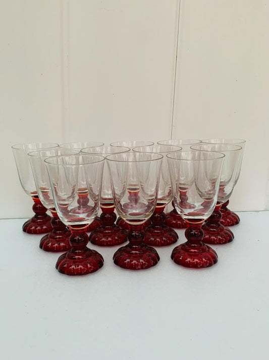 Set of 12 Antique Ruby Red Stem Cordial Glasses