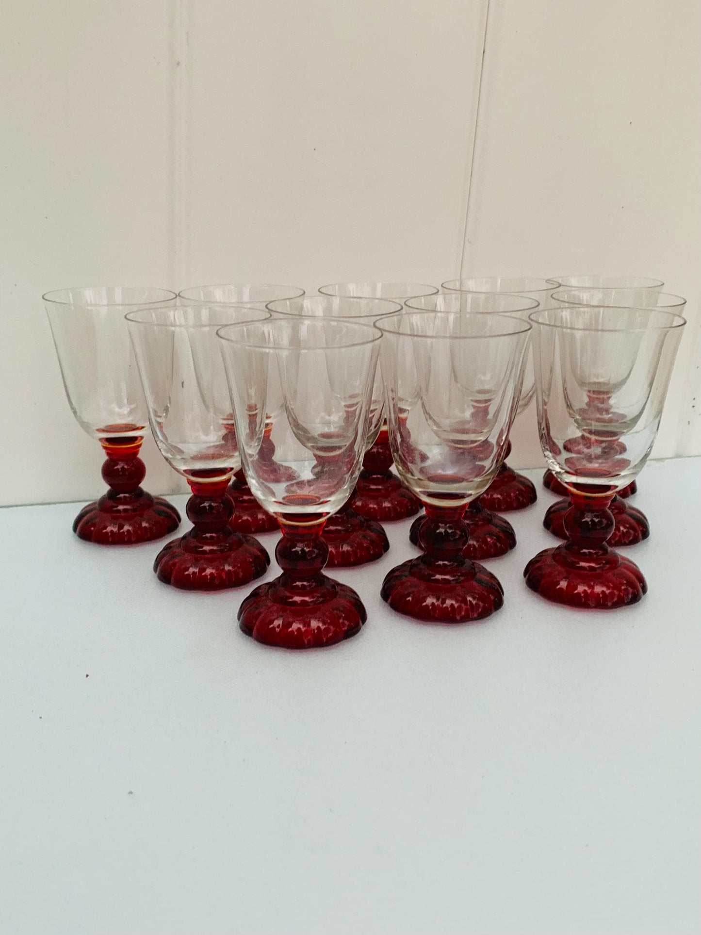 Set of 12 Antique Ruby Red Stem Cordial Glasses