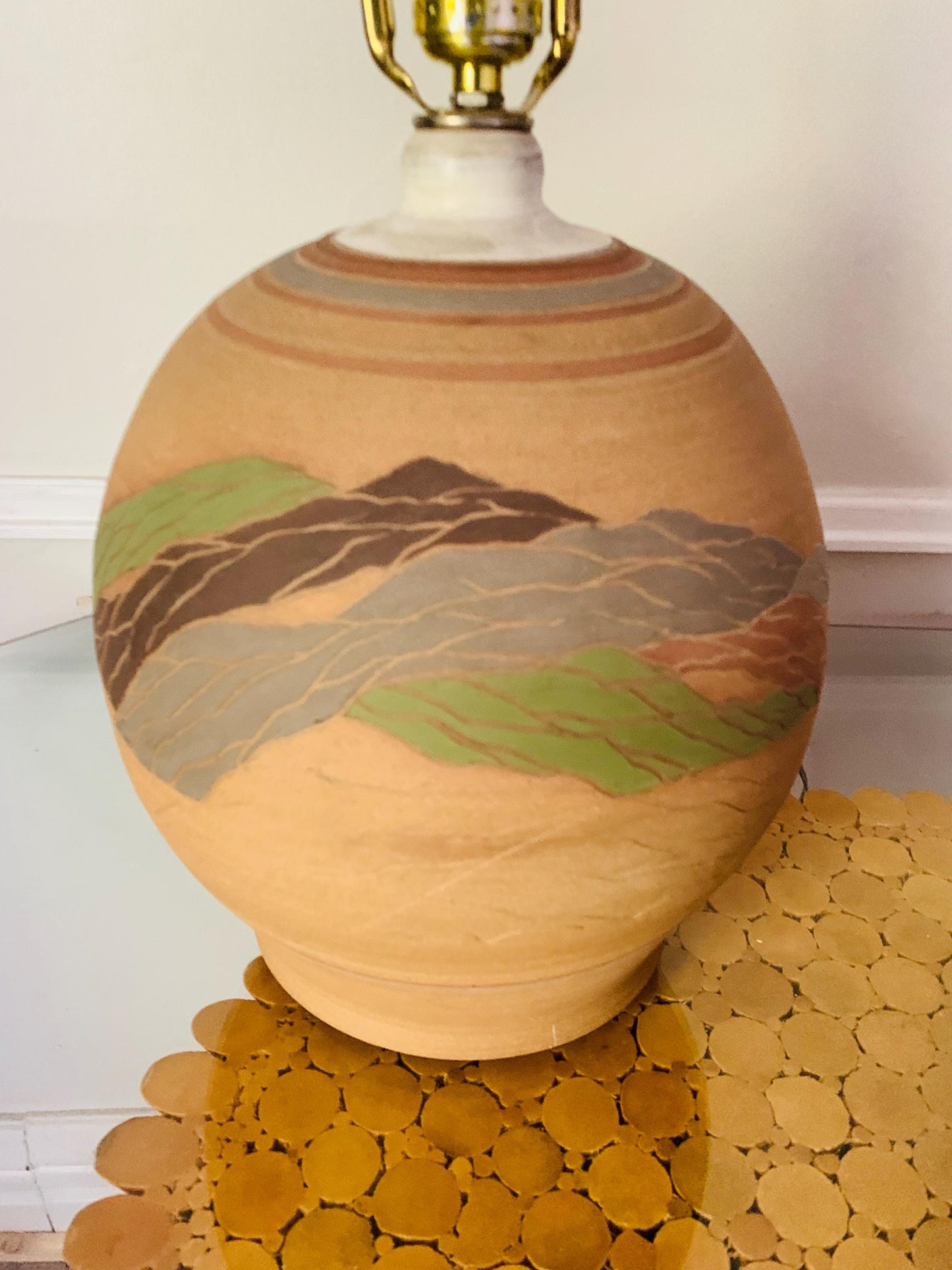 Retro Natural Terra Cotta Lamp with Painted Design No Shade