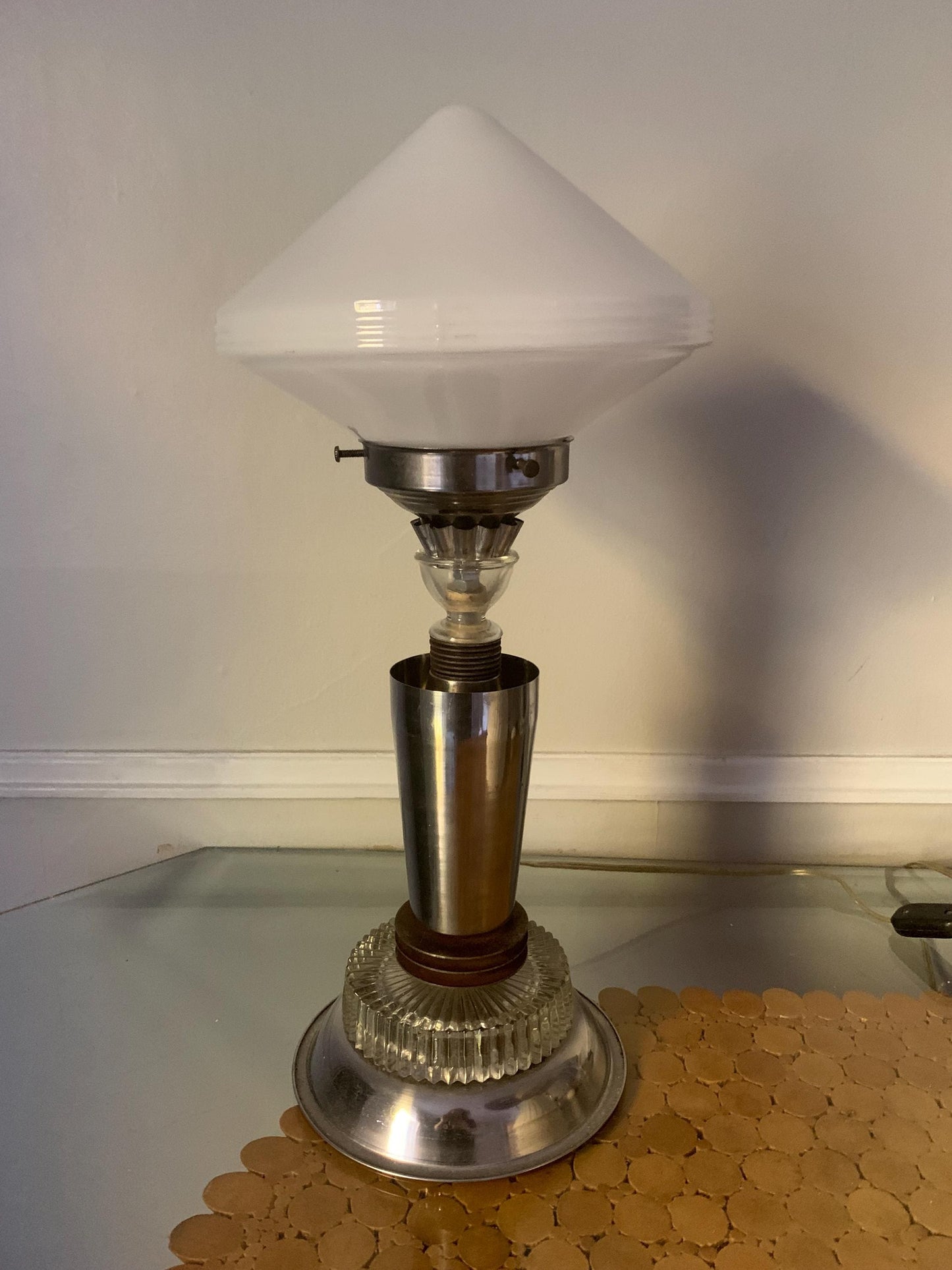 Tall Chrome Metal and Glass Table Lamp with Glass Shade