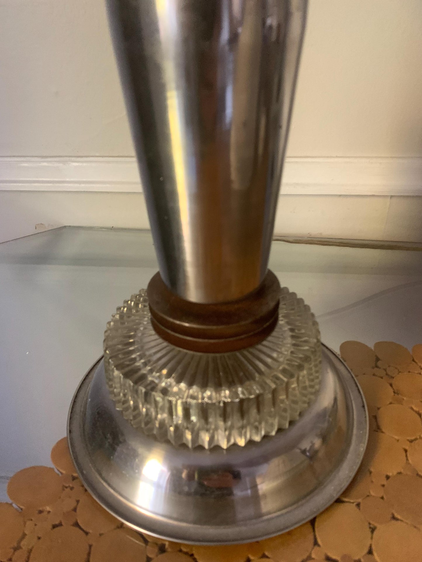 Tall Chrome Metal and Glass Table Lamp with Glass Shade