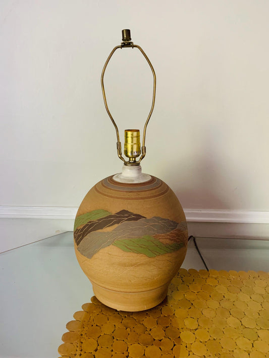 Retro Natural Terra Cotta Lamp with Painted Design No Shade