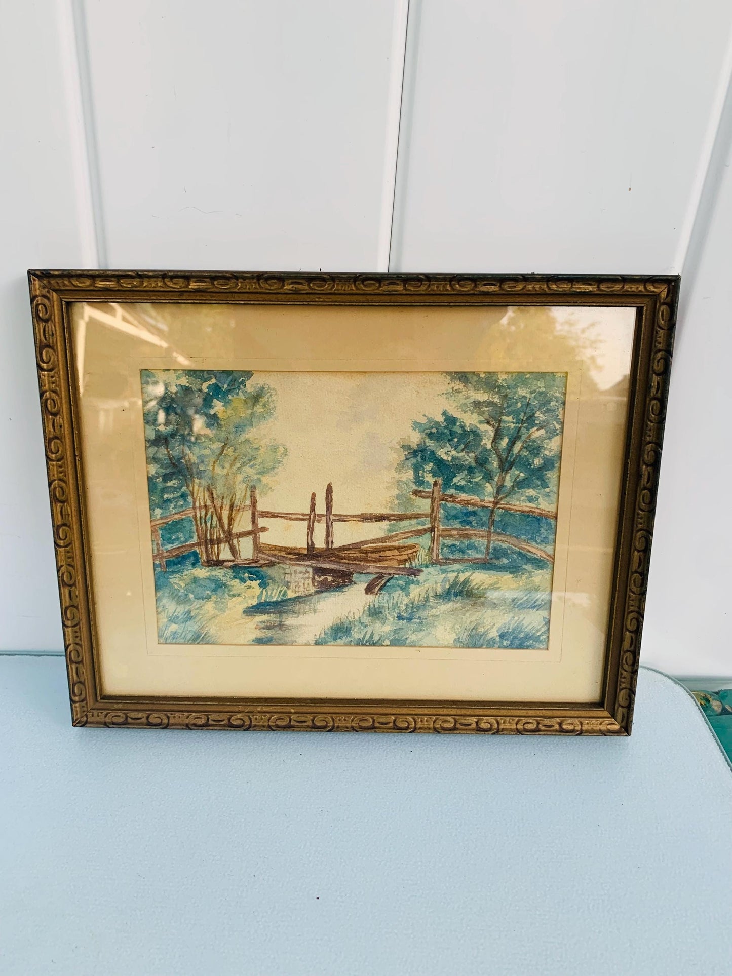 Vintage Small Bridge over Stream Water Colour in  Wood Frame