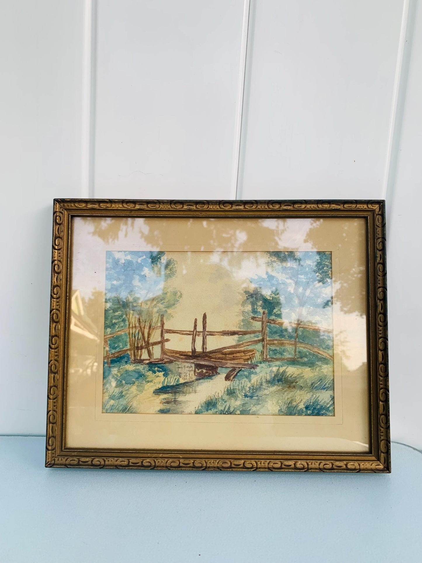 Vintage Small Bridge over Stream Water Colour in  Wood Frame