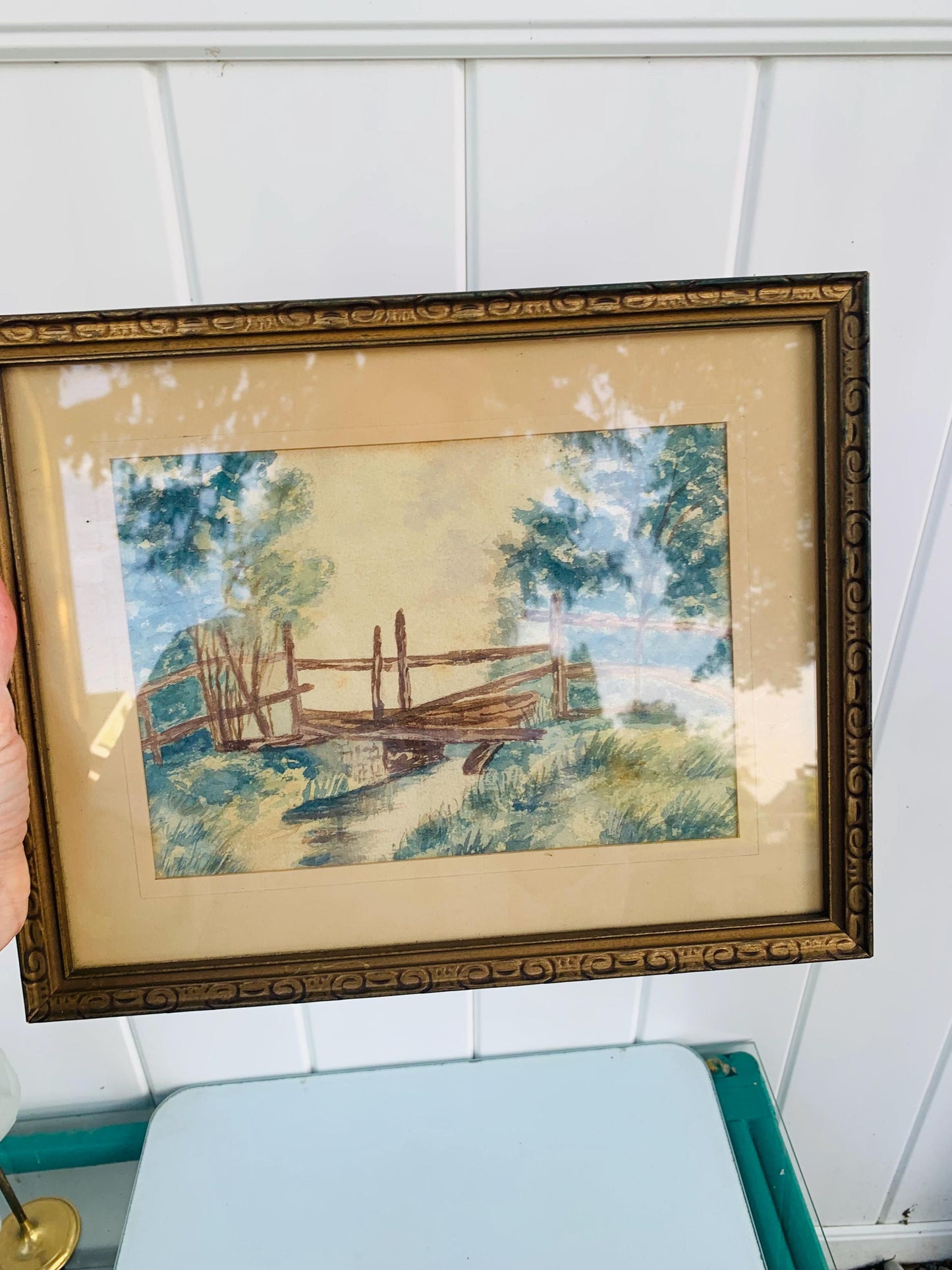 Vintage Small Bridge over Stream Water Colour in  Wood Frame
