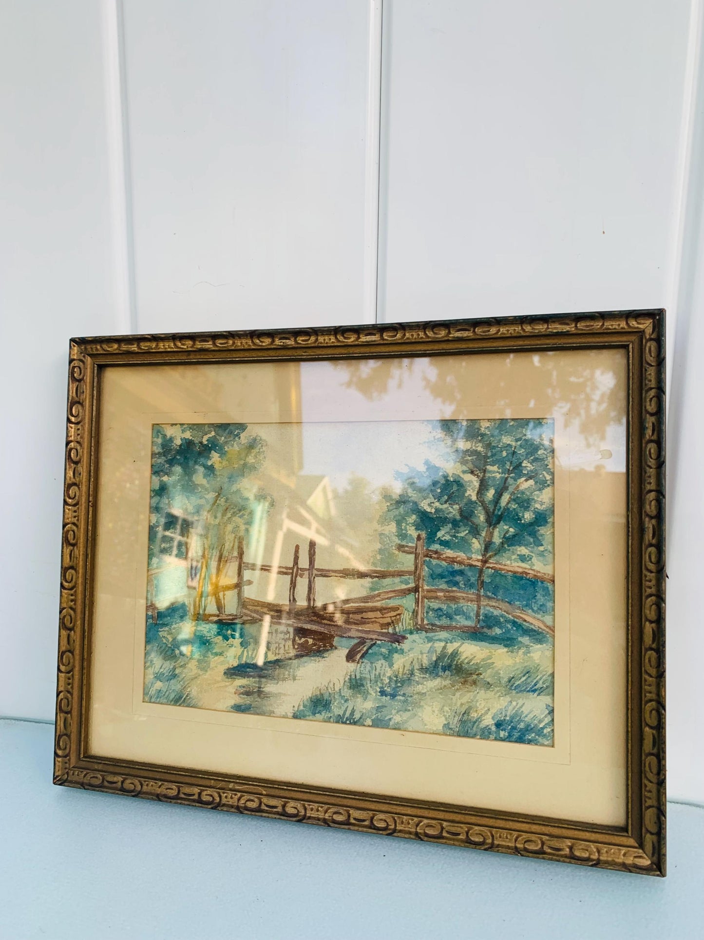 Vintage Small Bridge over Stream Water Colour in  Wood Frame