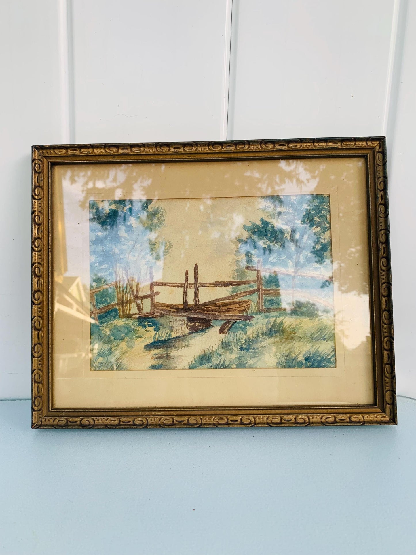 Vintage Small Bridge over Stream Water Colour in  Wood Frame