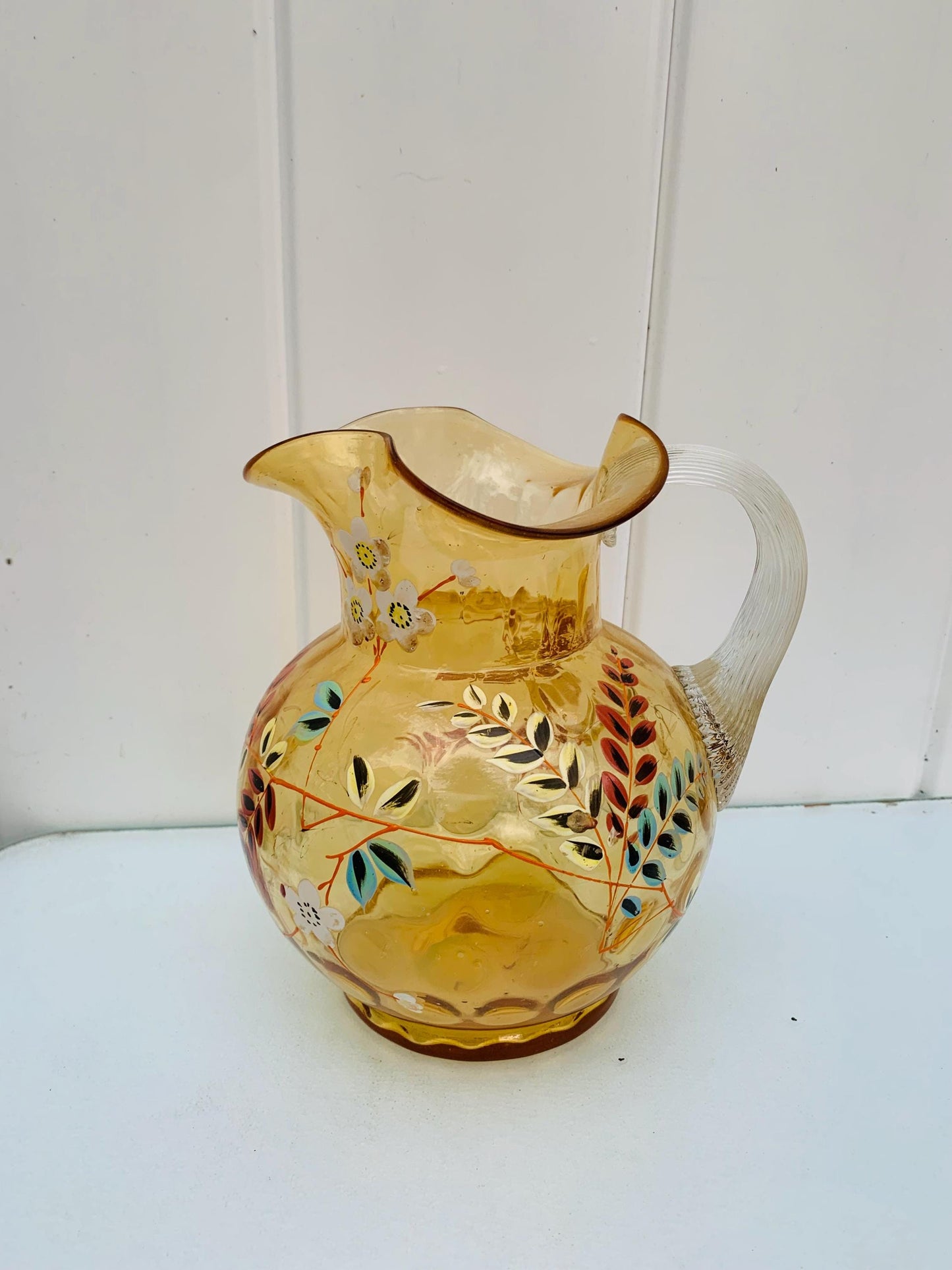 Vintage Amber Hand Painted Pitcher with Crimped Top and Applied Handle