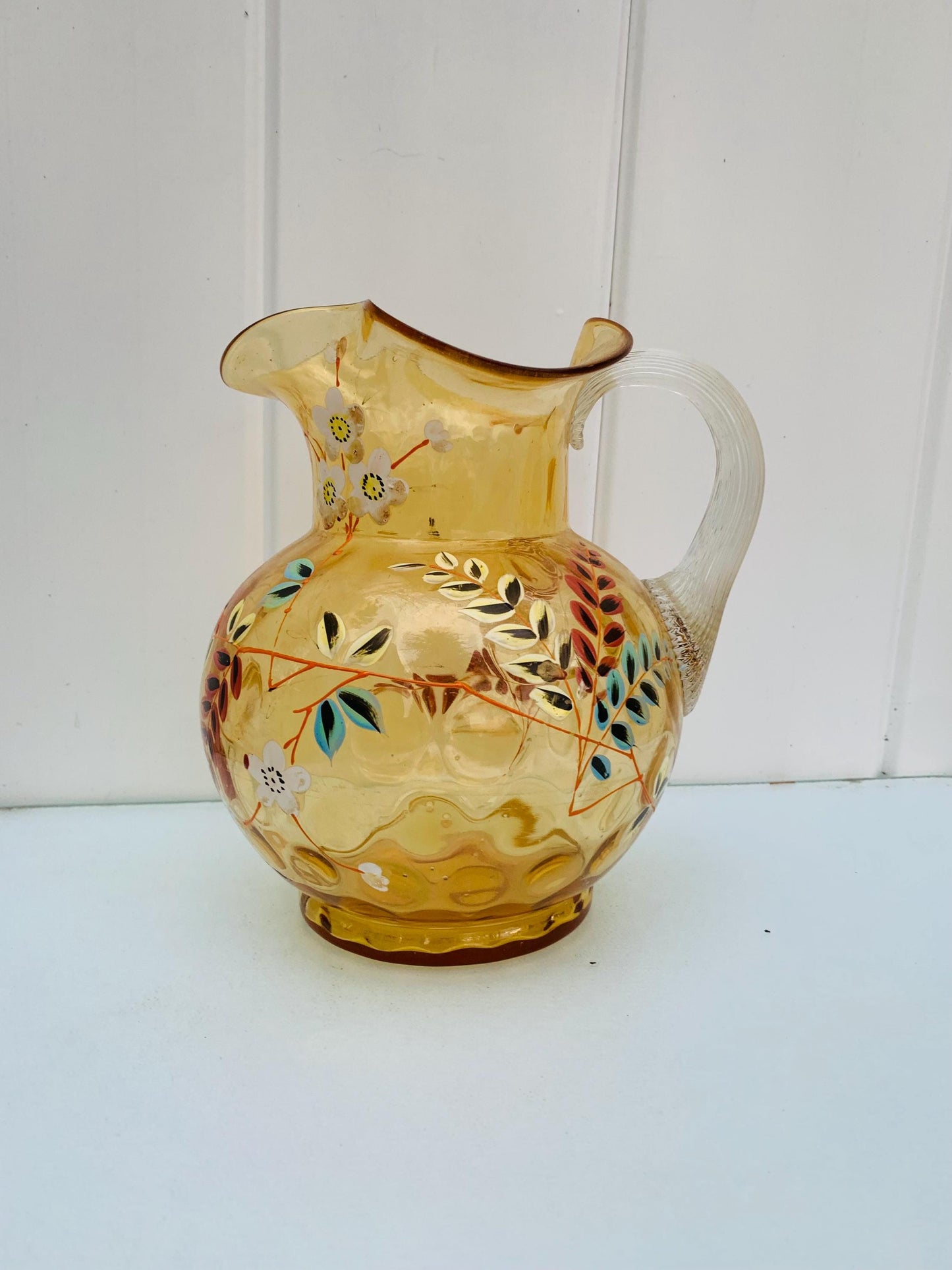 Vintage Amber Hand Painted Pitcher with Crimped Top and Applied Handle