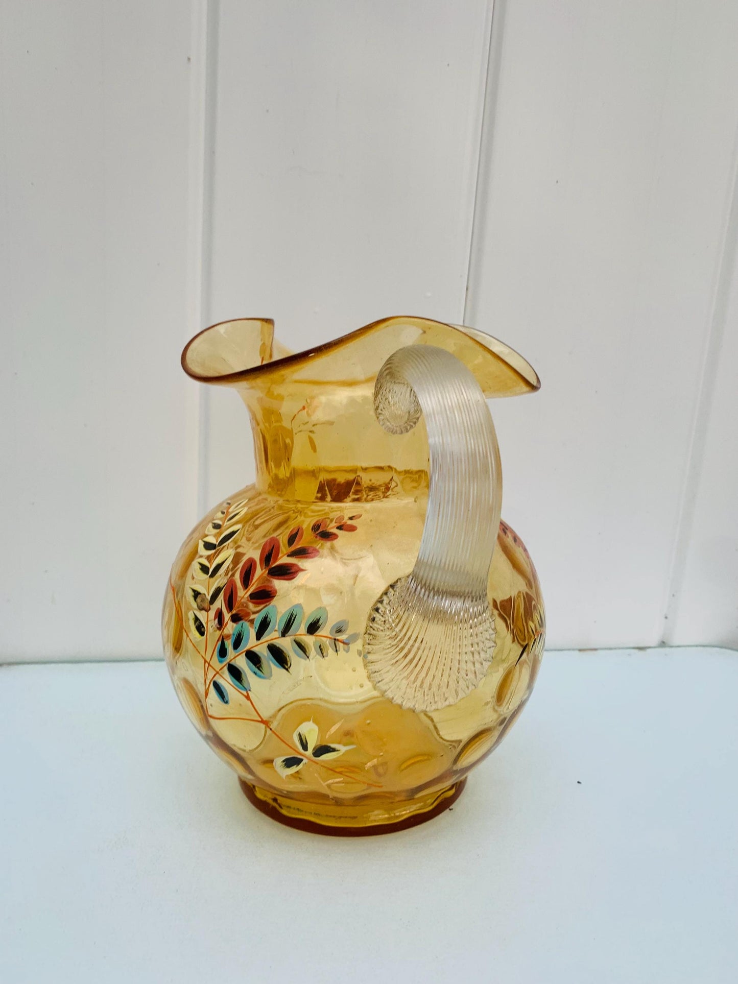 Vintage Amber Hand Painted Pitcher with Crimped Top and Applied Handle