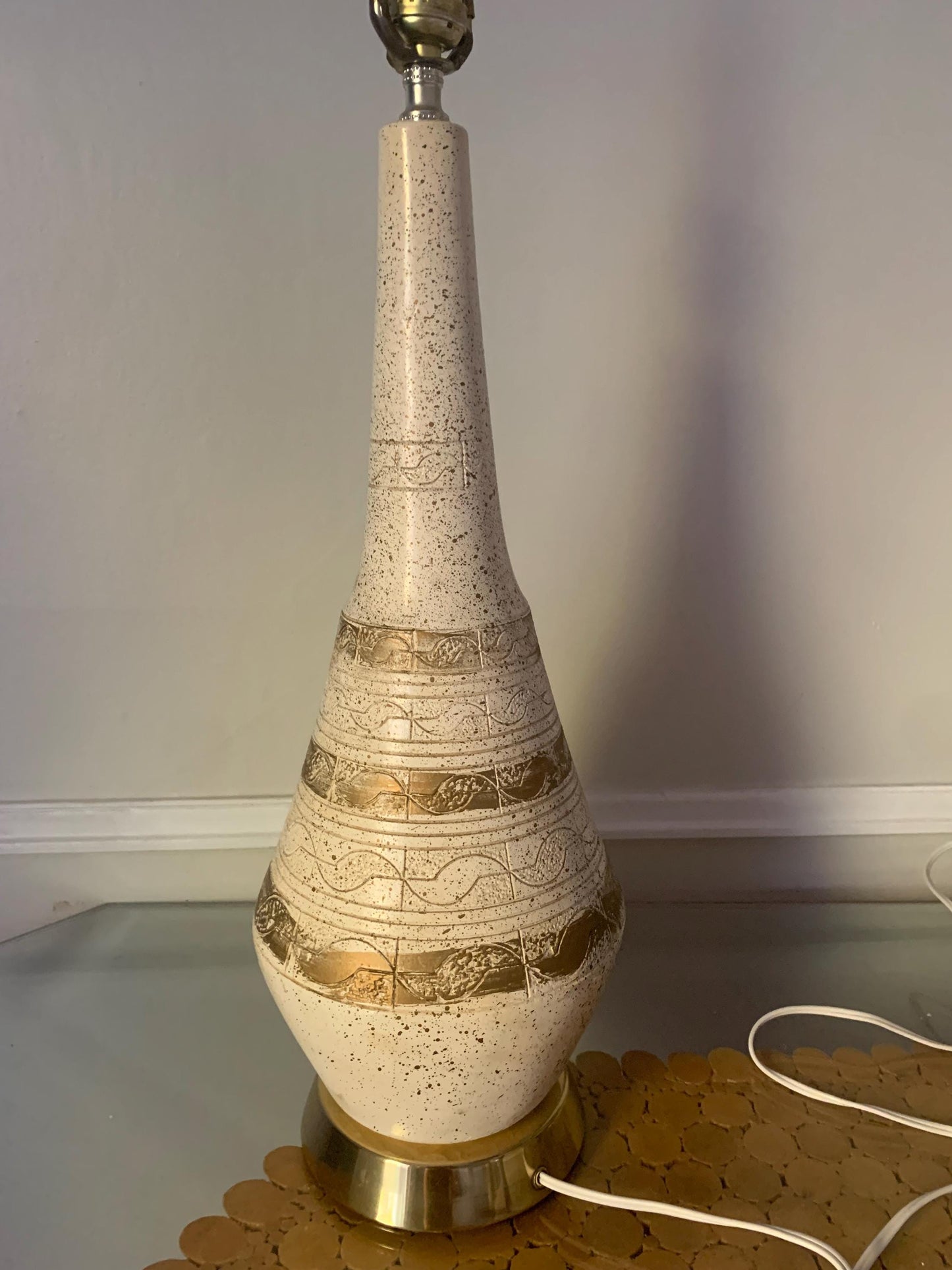 Tall MCM Cream and Gold Chalkware Table Lamp No Shade