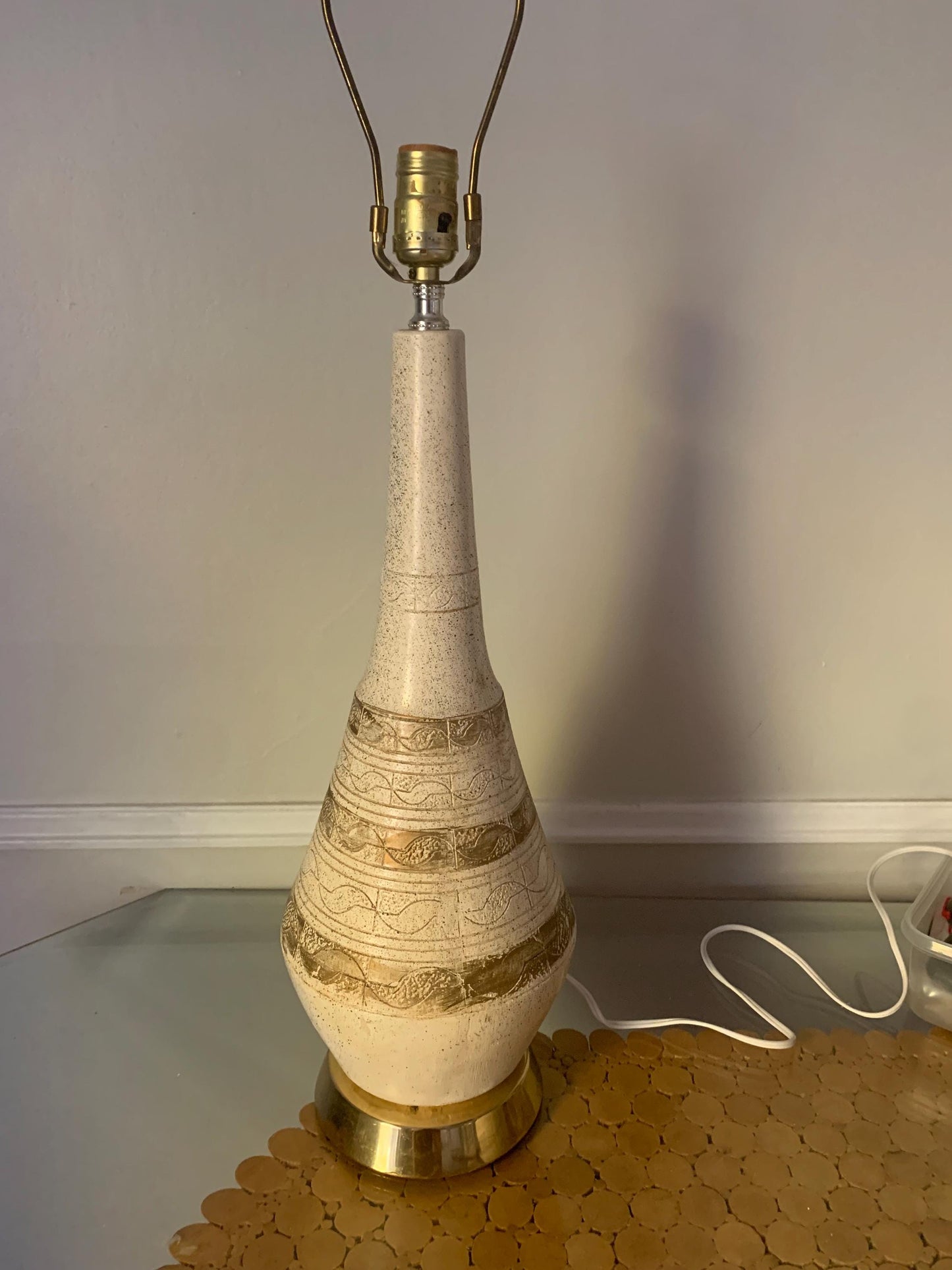 Tall MCM Cream and Gold Chalkware Table Lamp No Shade