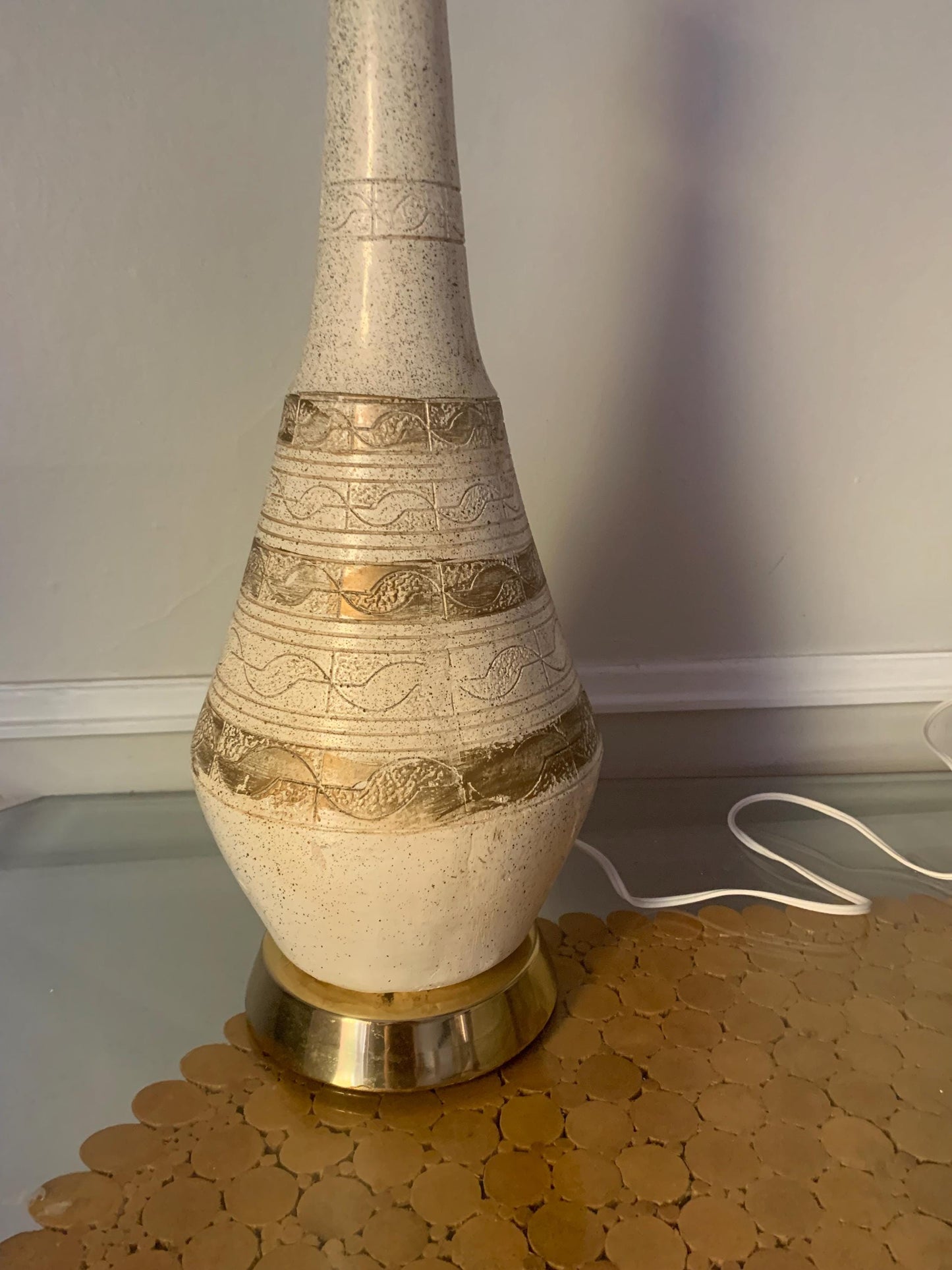 Tall MCM Cream and Gold Chalkware Table Lamp No Shade