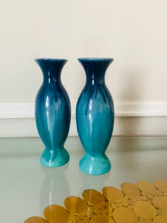 MCM Pair of Short Tall Blue  Drip Glaze Pottery Vases