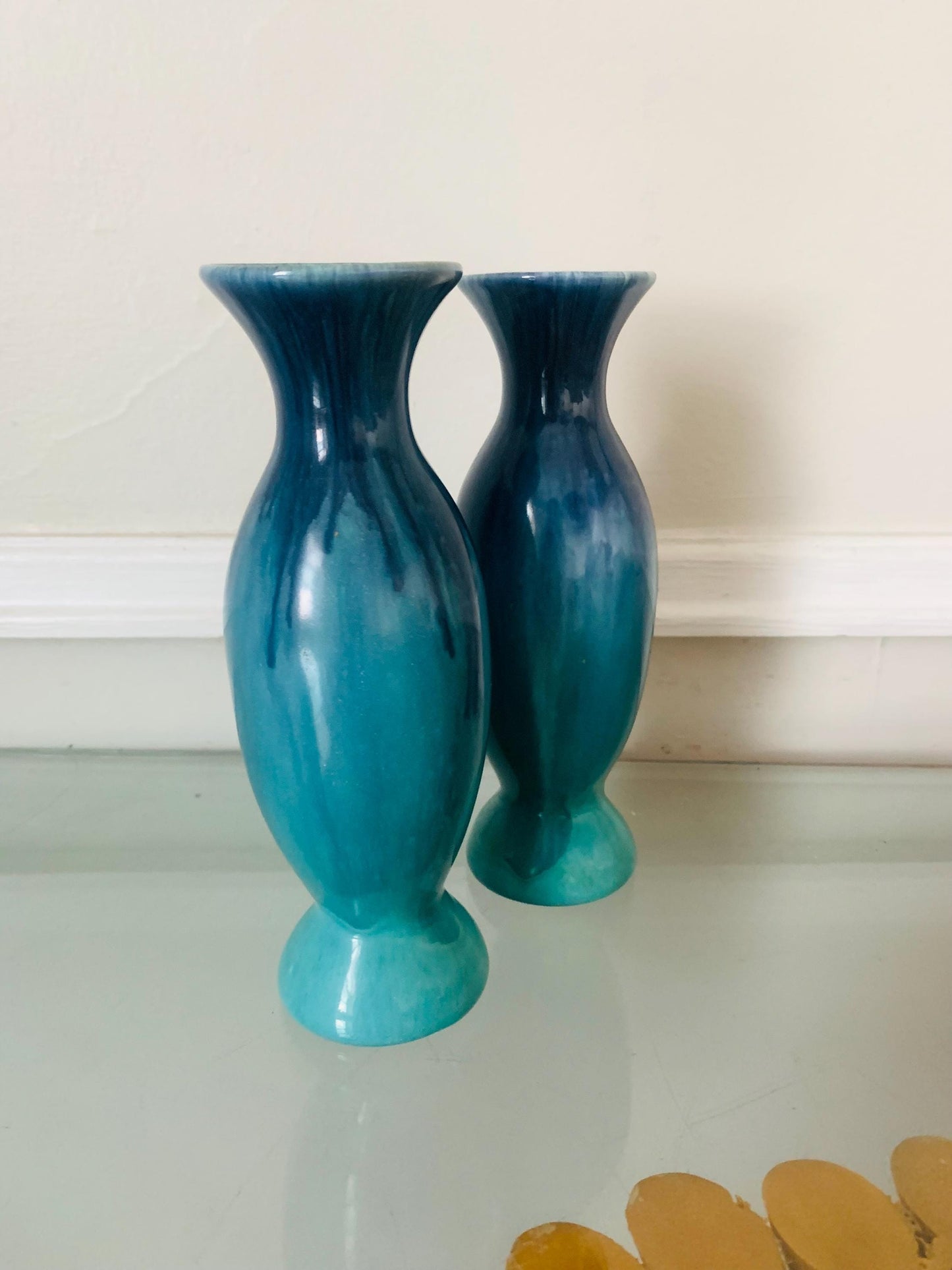MCM Pair of Short Tall Blue  Drip Glaze Pottery Vases