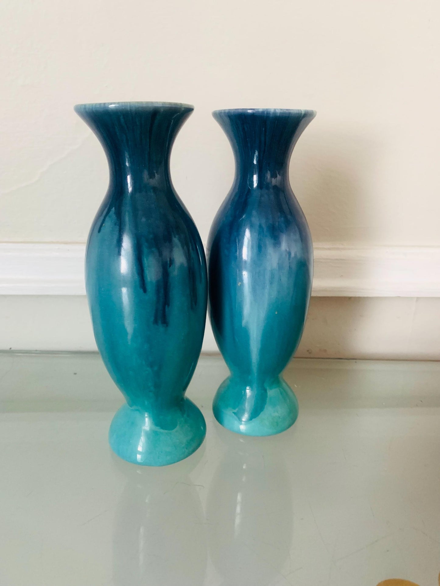 MCM Pair of Short Tall Blue  Drip Glaze Pottery Vases