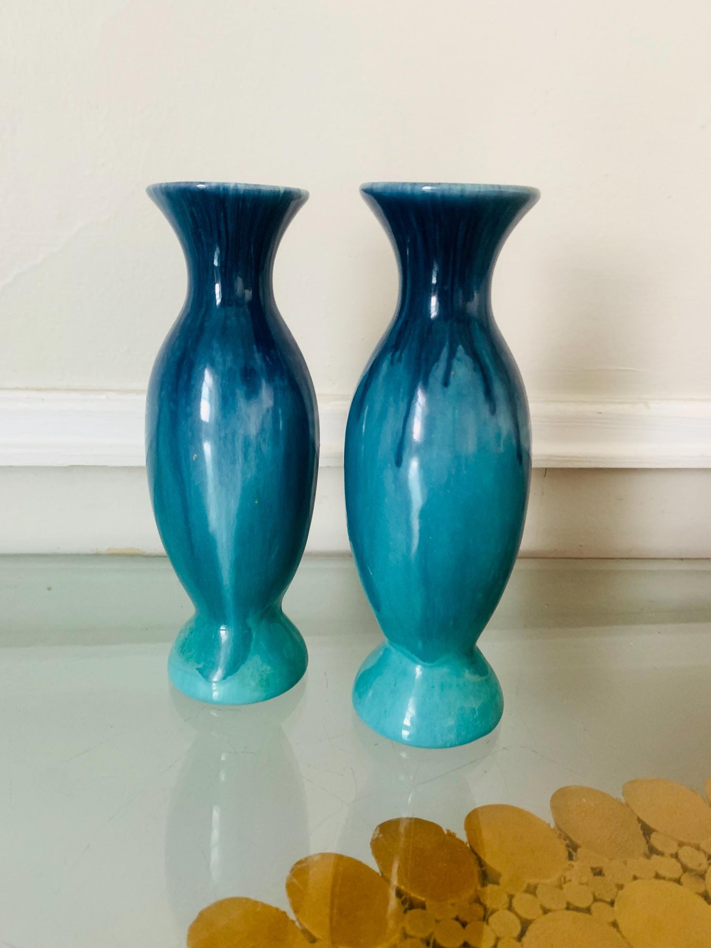 MCM Pair of Short Tall Blue  Drip Glaze Pottery Vases